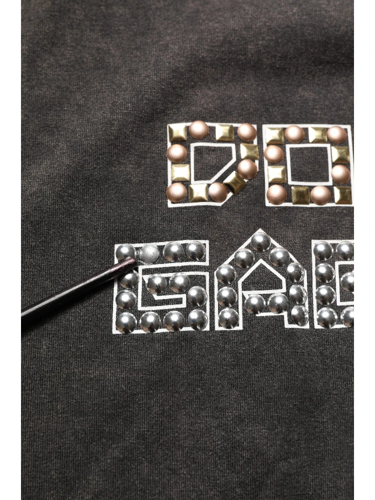 Gray Cotton Logo Stud Embellished T-shirt