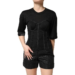 Black Cotton Short Sleeve Bustier T-shirt Top
