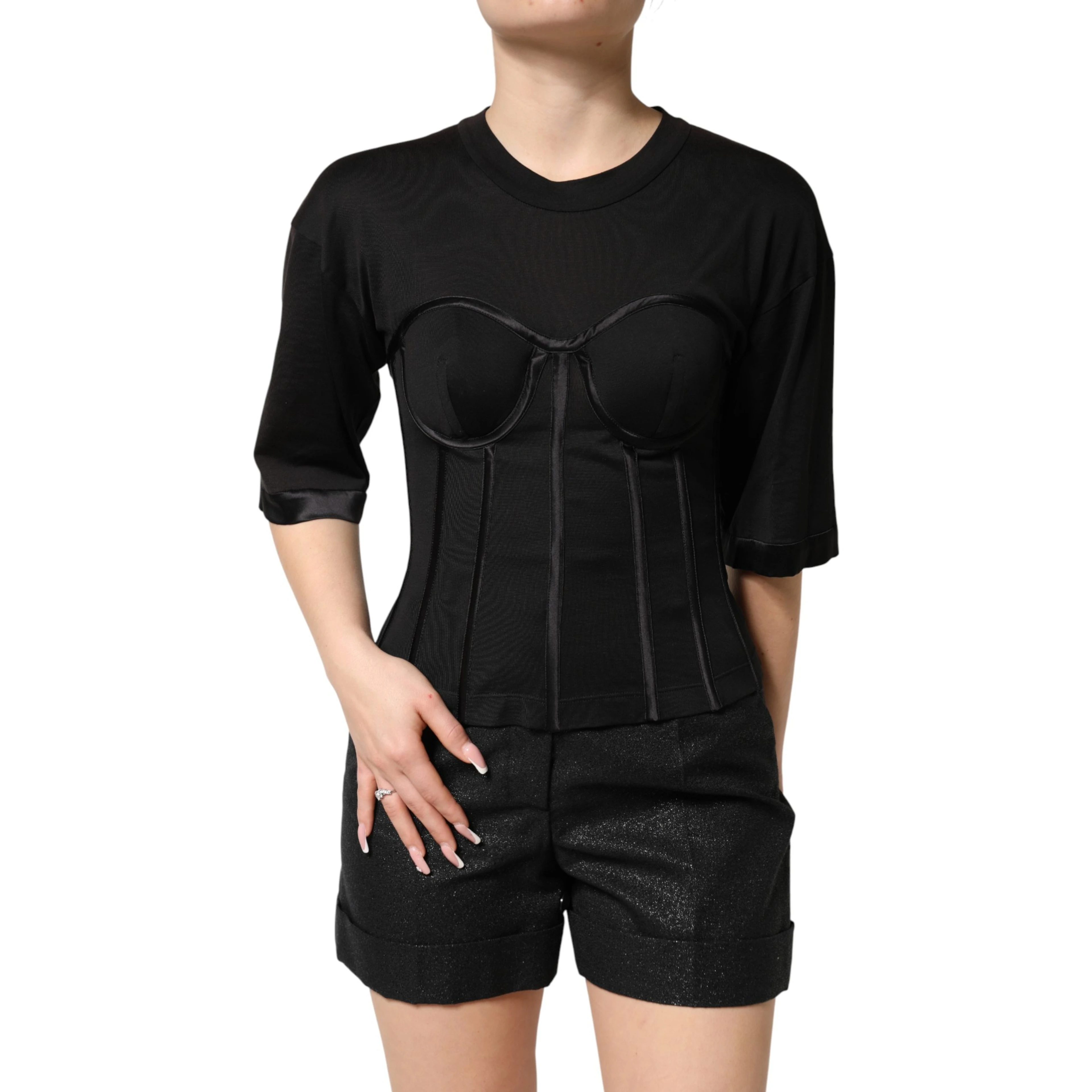 Black Cotton Short Sleeve Bustier T-shirt Top