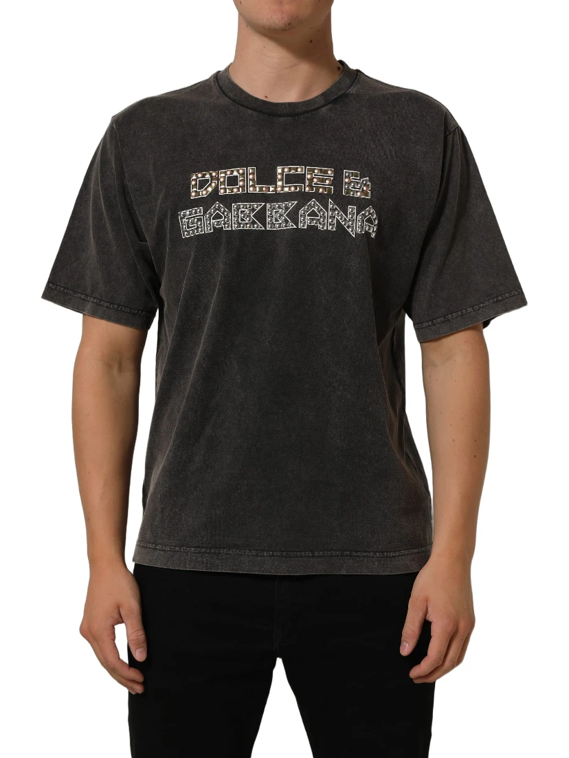 Gray Cotton Logo Stud Embellished T-shirt