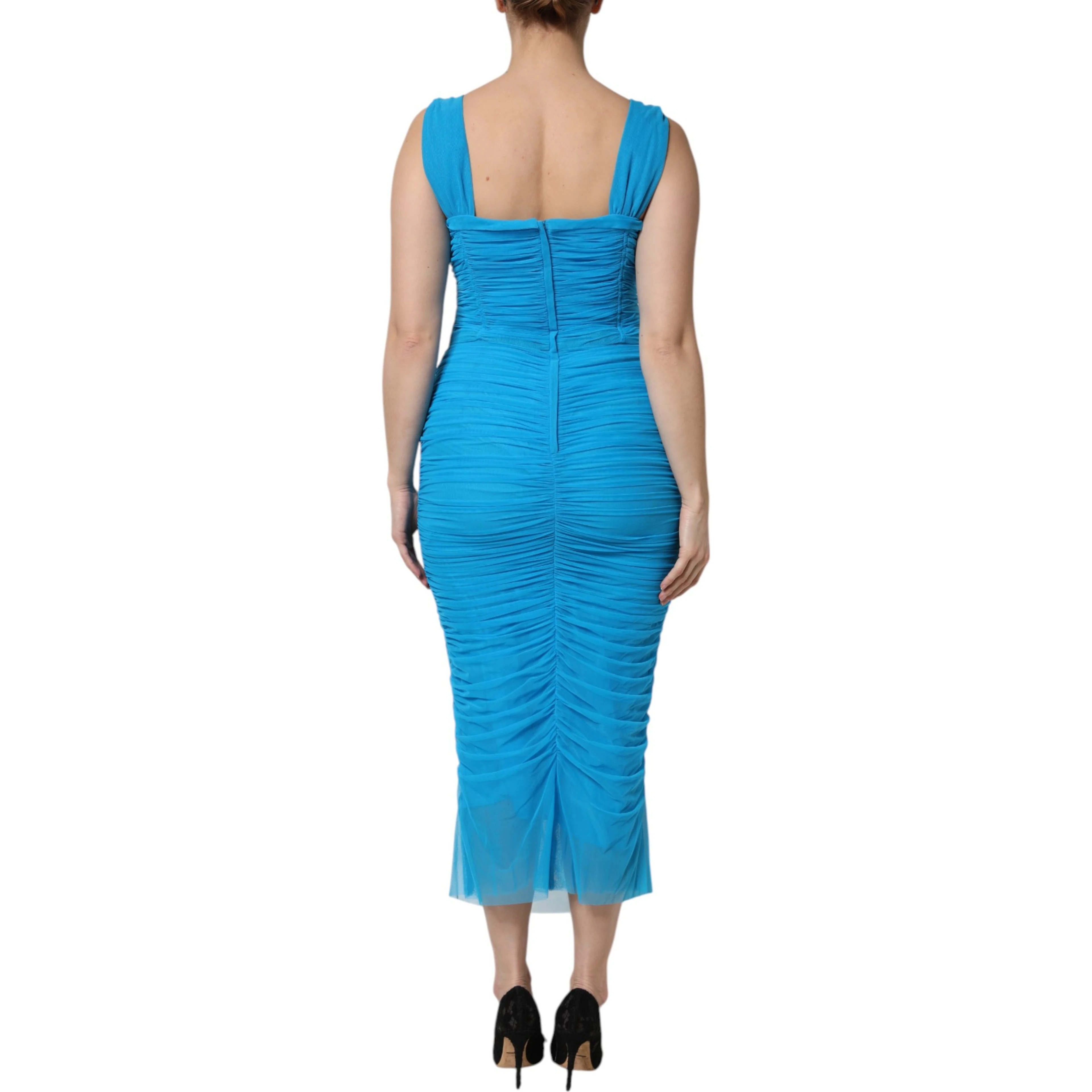 Blue Ruched Tulle Midi Square Neck Dress