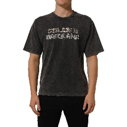 Gray Cotton Logo Stud Embellished T-shirt