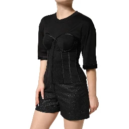 Black Cotton Short Sleeve Bustier T-shirt Top