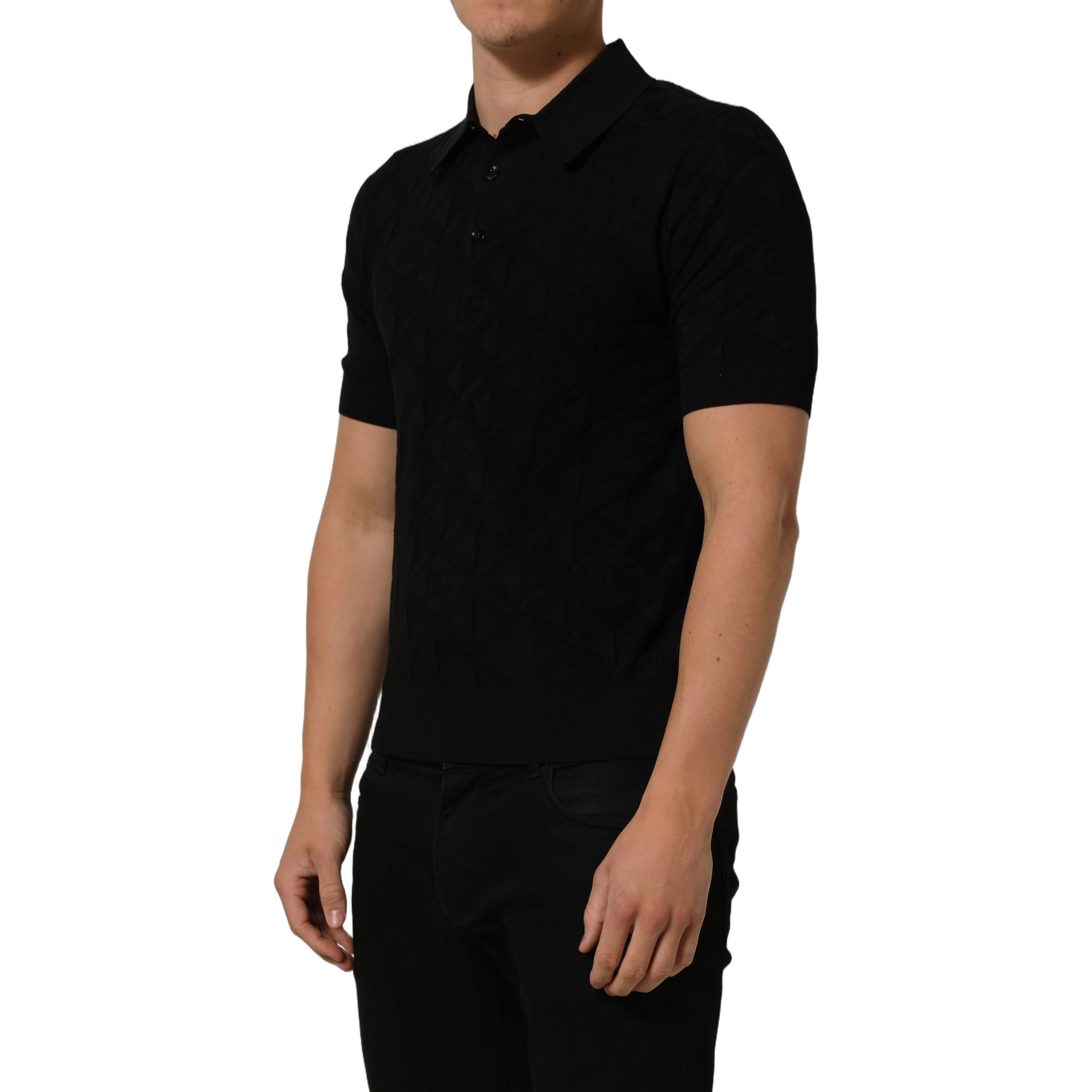Black Silk Short Sleeve Knit Polo T-shirt