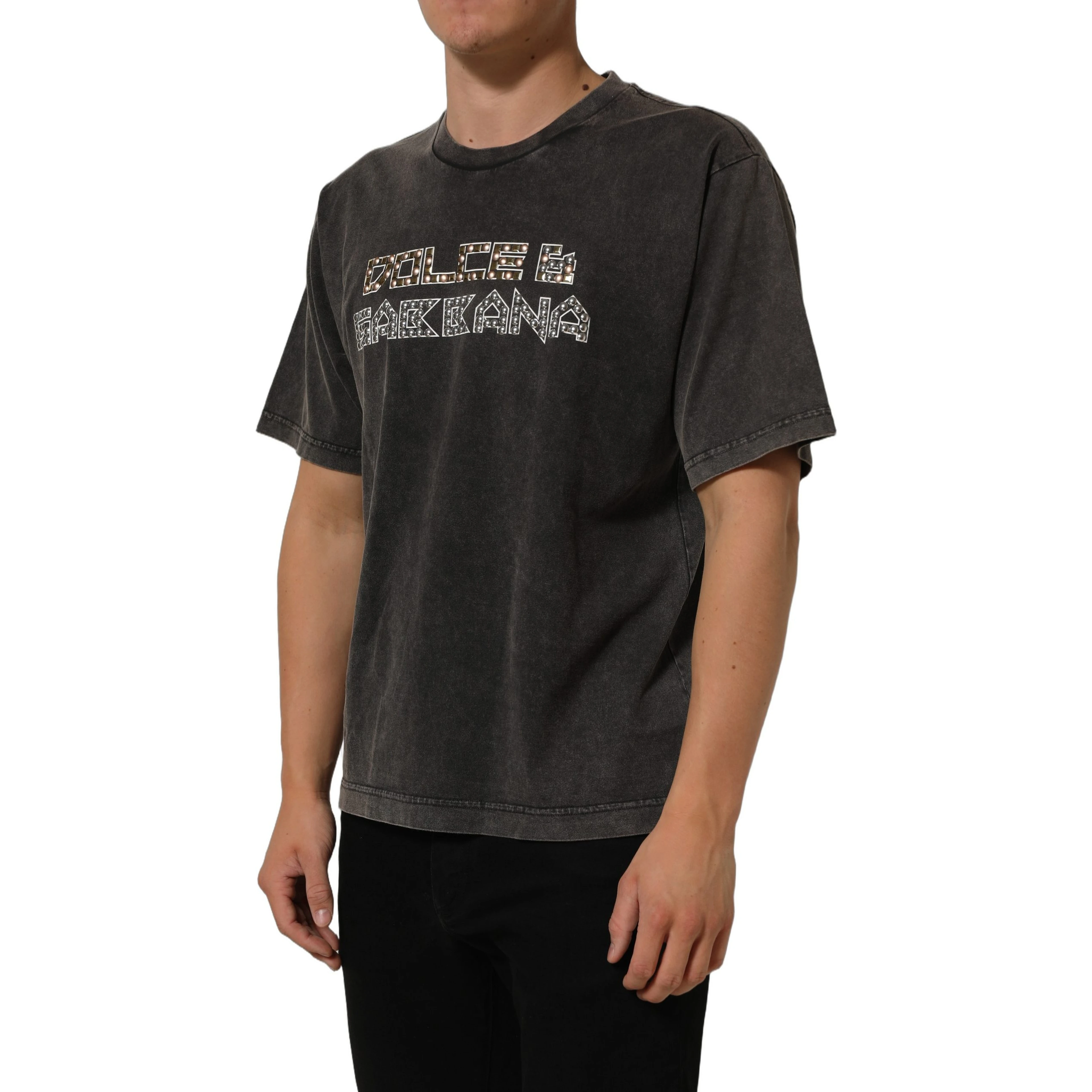 Gray Cotton Logo Stud Embellished T-shirt