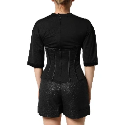 Black Cotton Short Sleeve Bustier T-shirt Top