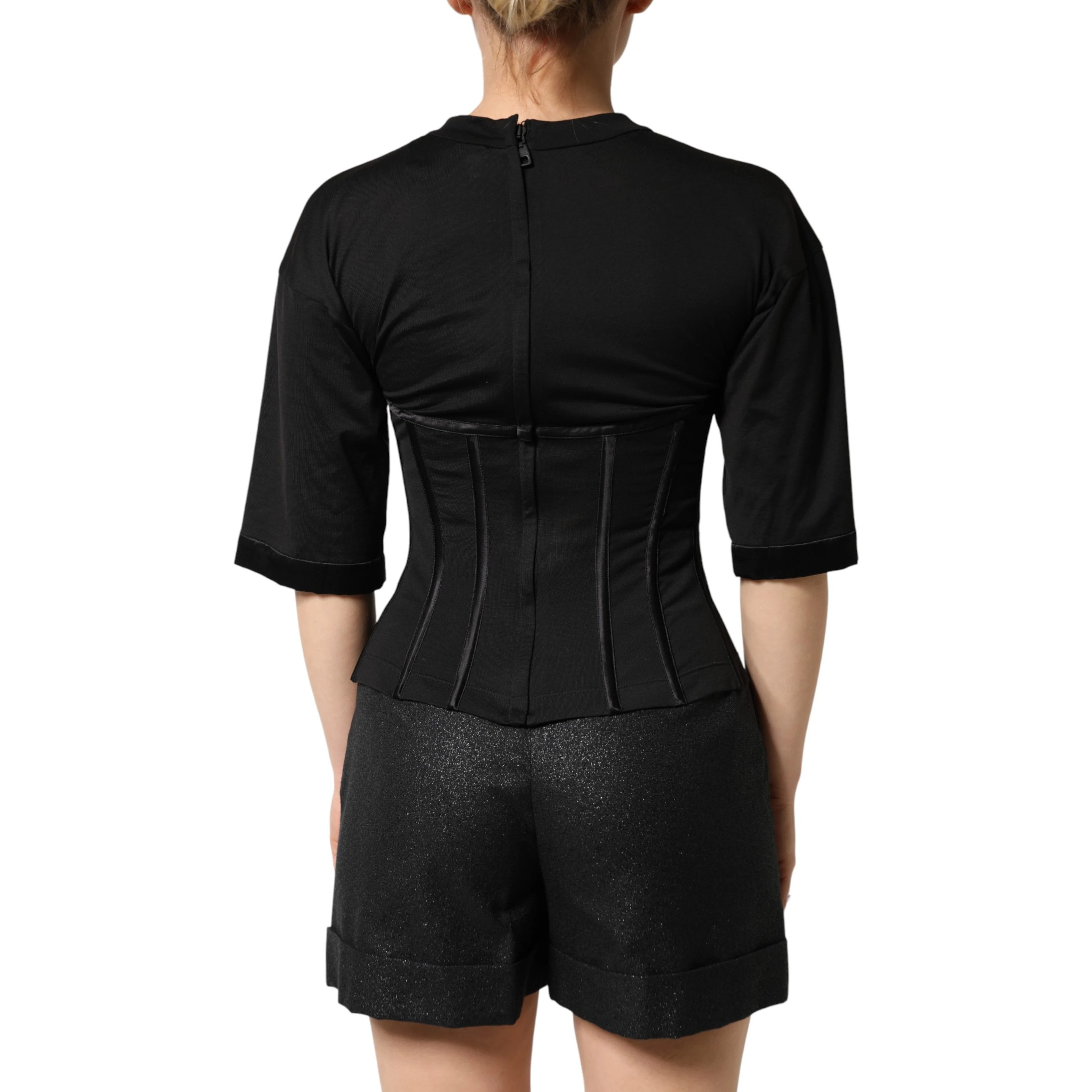 Black Cotton Short Sleeve Bustier T-shirt Top
