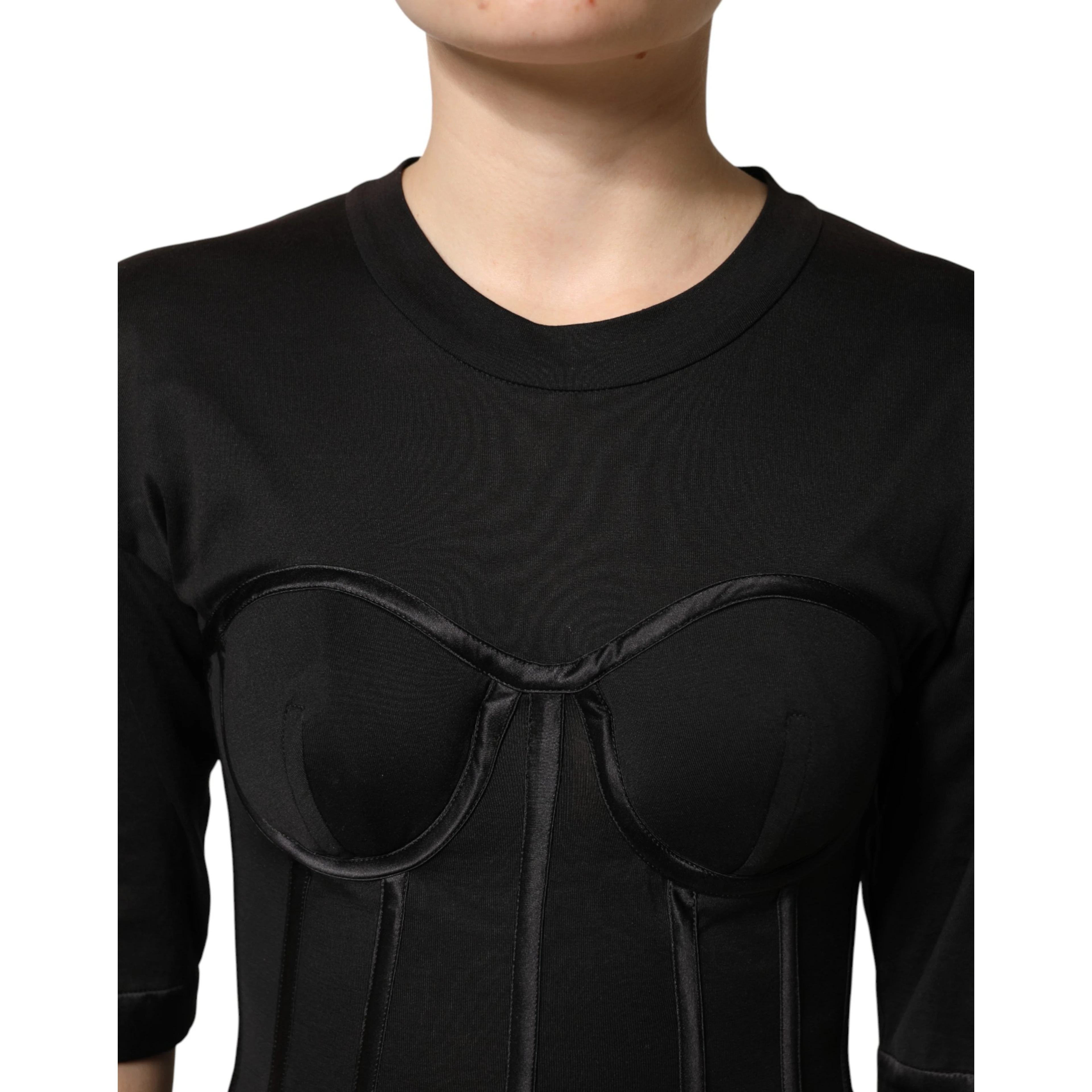 Black Cotton Short Sleeve Bustier T-shirt Top