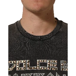 Gray Cotton Logo Stud Embellished T-shirt