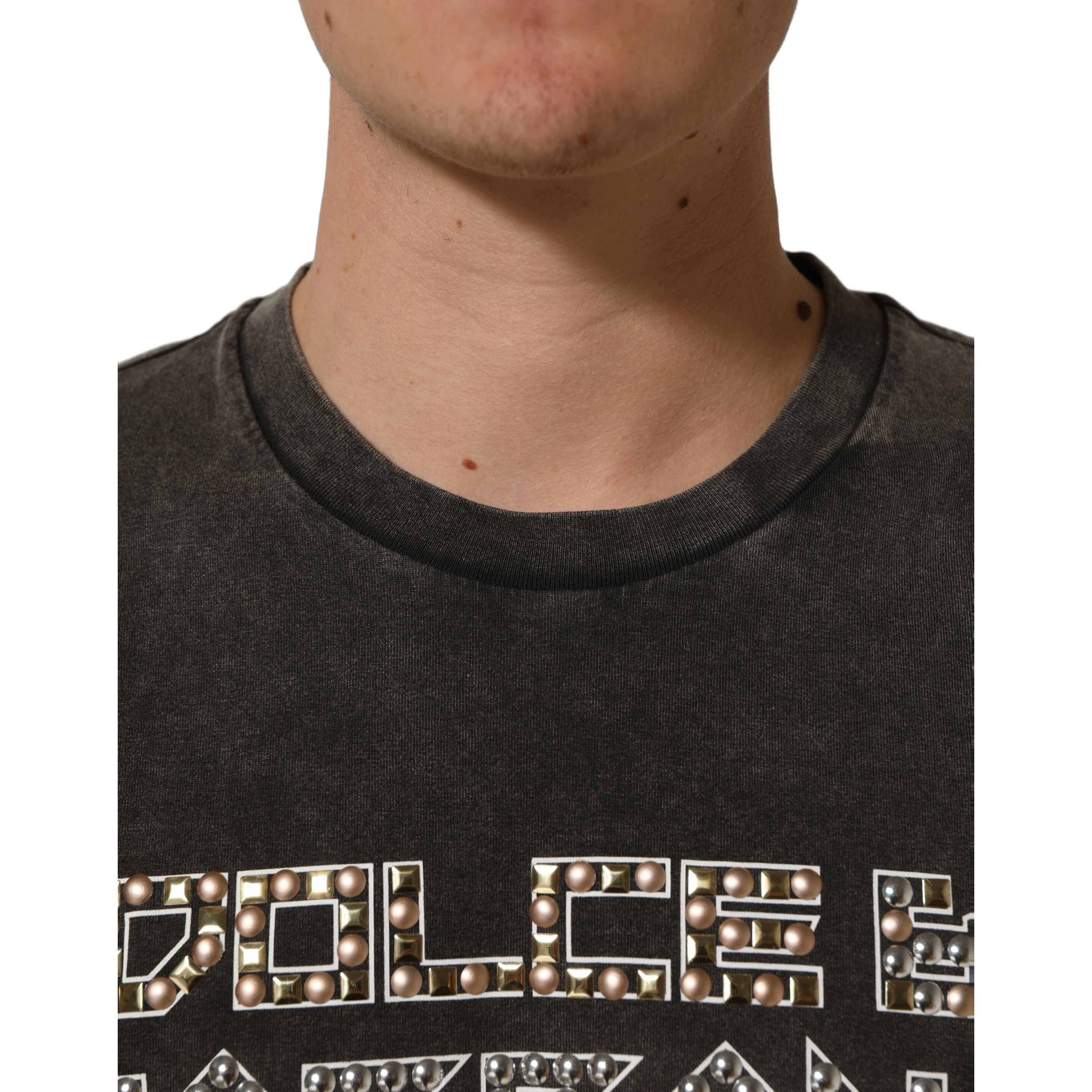 Gray Cotton Logo Stud Embellished T-shirt