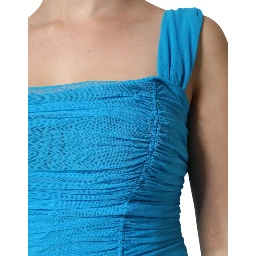 Blue Ruched Tulle Midi Square Neck Dress