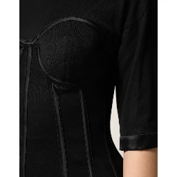 Black Cotton Short Sleeve Bustier T-shirt Top