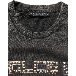 Gray Cotton Logo Stud Embellished T-shirt