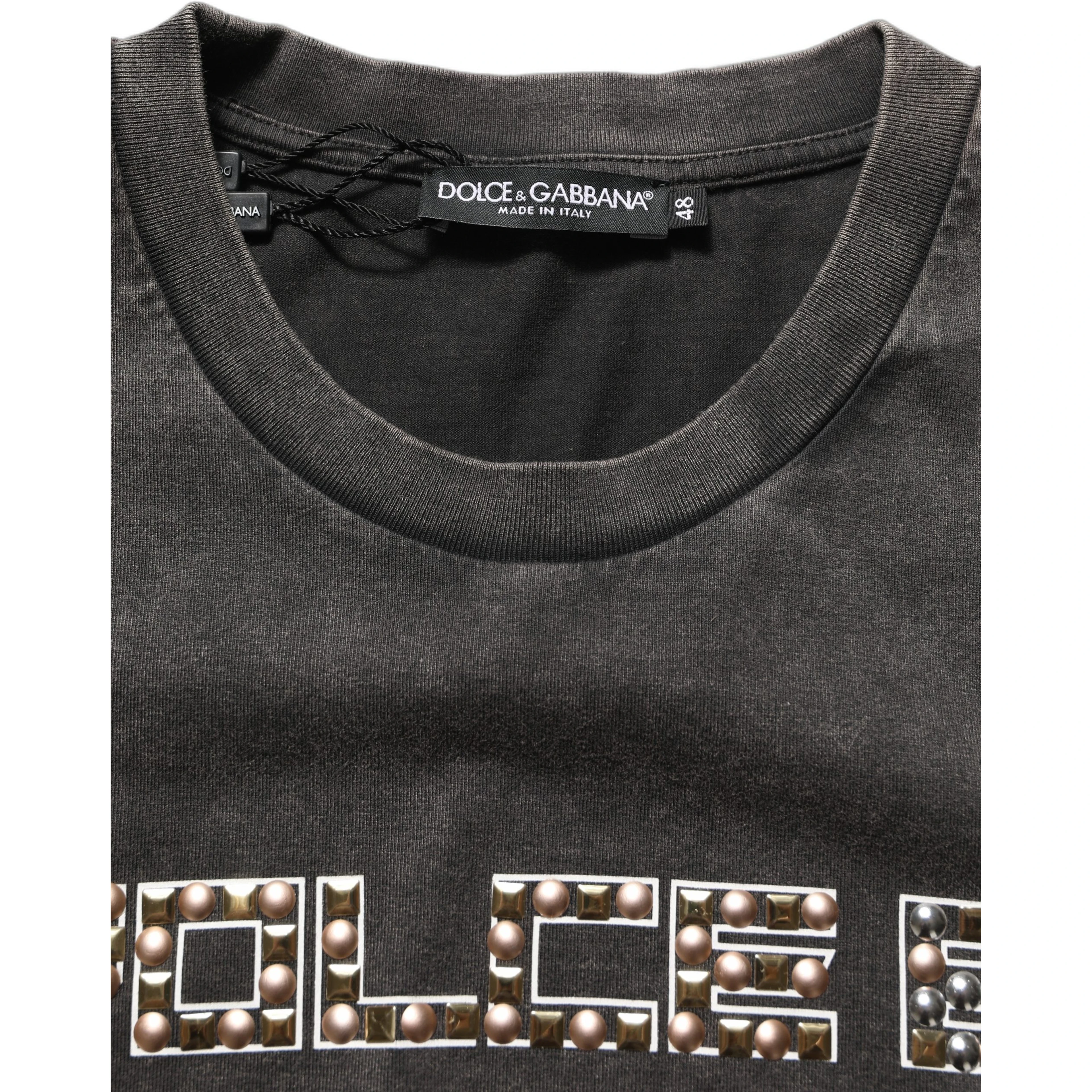 Gray Cotton Logo Stud Embellished T-shirt