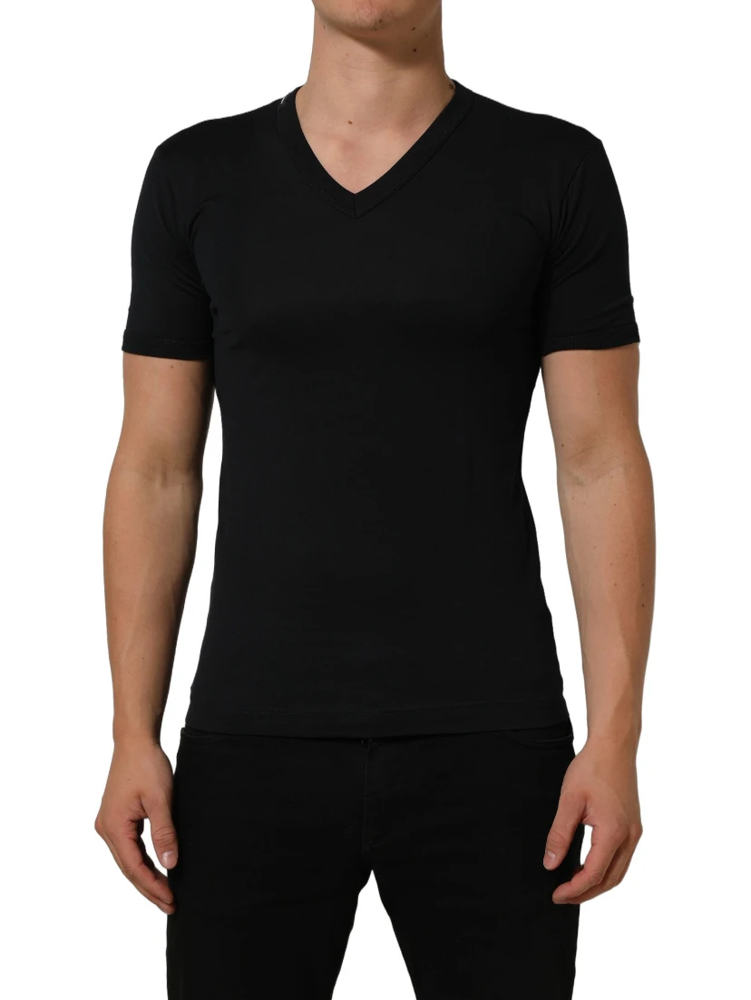 Dark Blue Cotton V-Neck Short Sleeve T-shirt