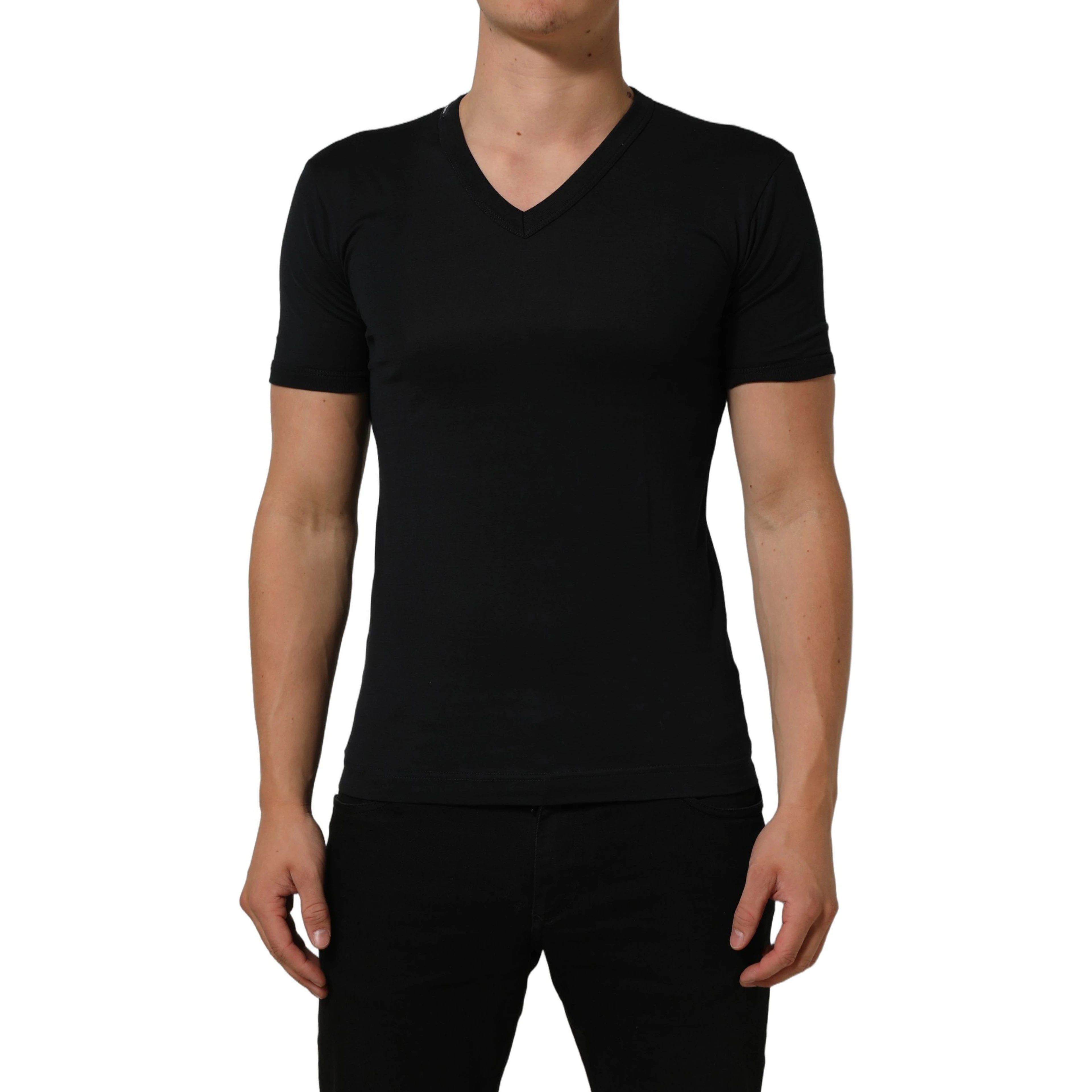 Dark Blue Cotton V-Neck Short Sleeve T-shirt