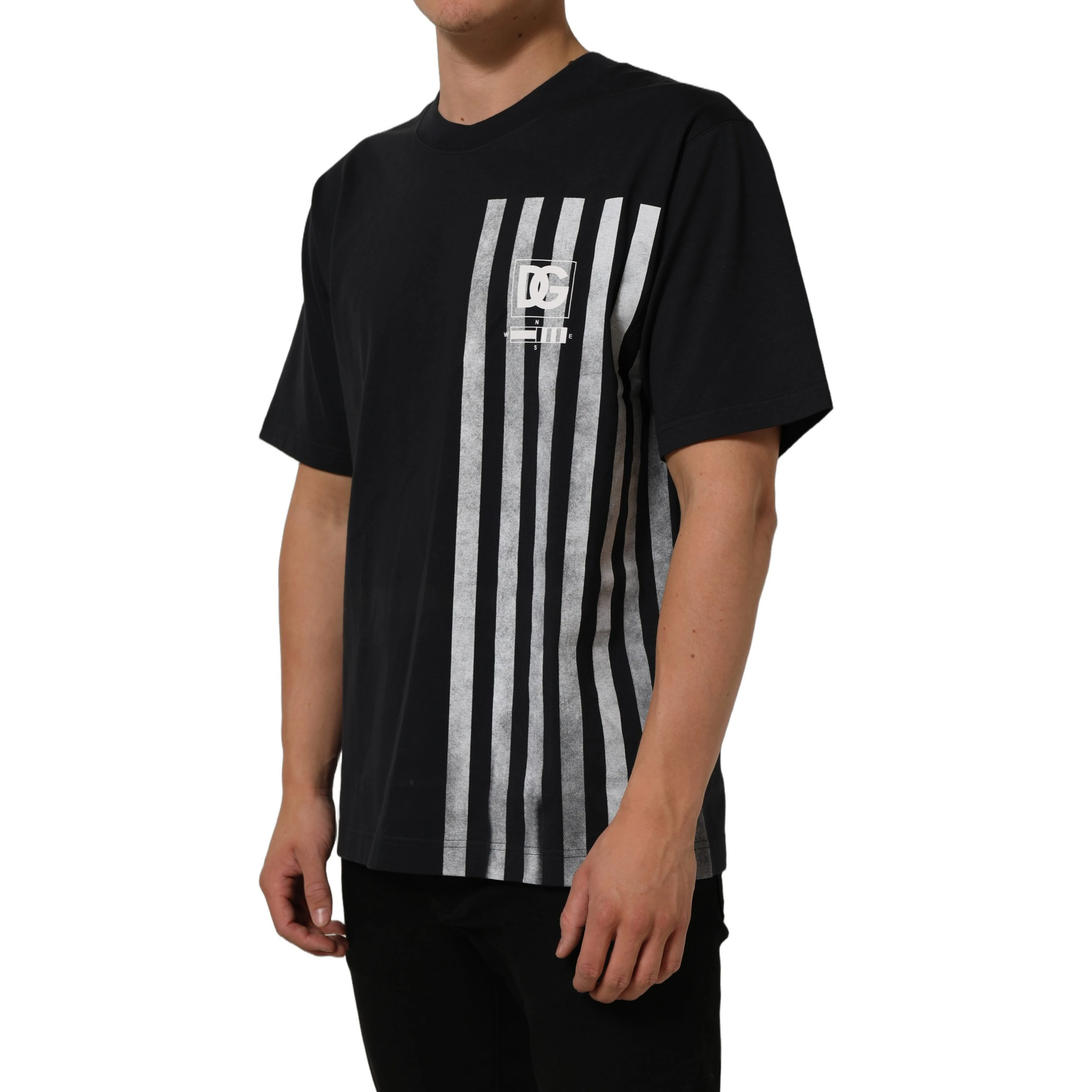 Blue Striped Print Cotton Crew Neck T-shirt