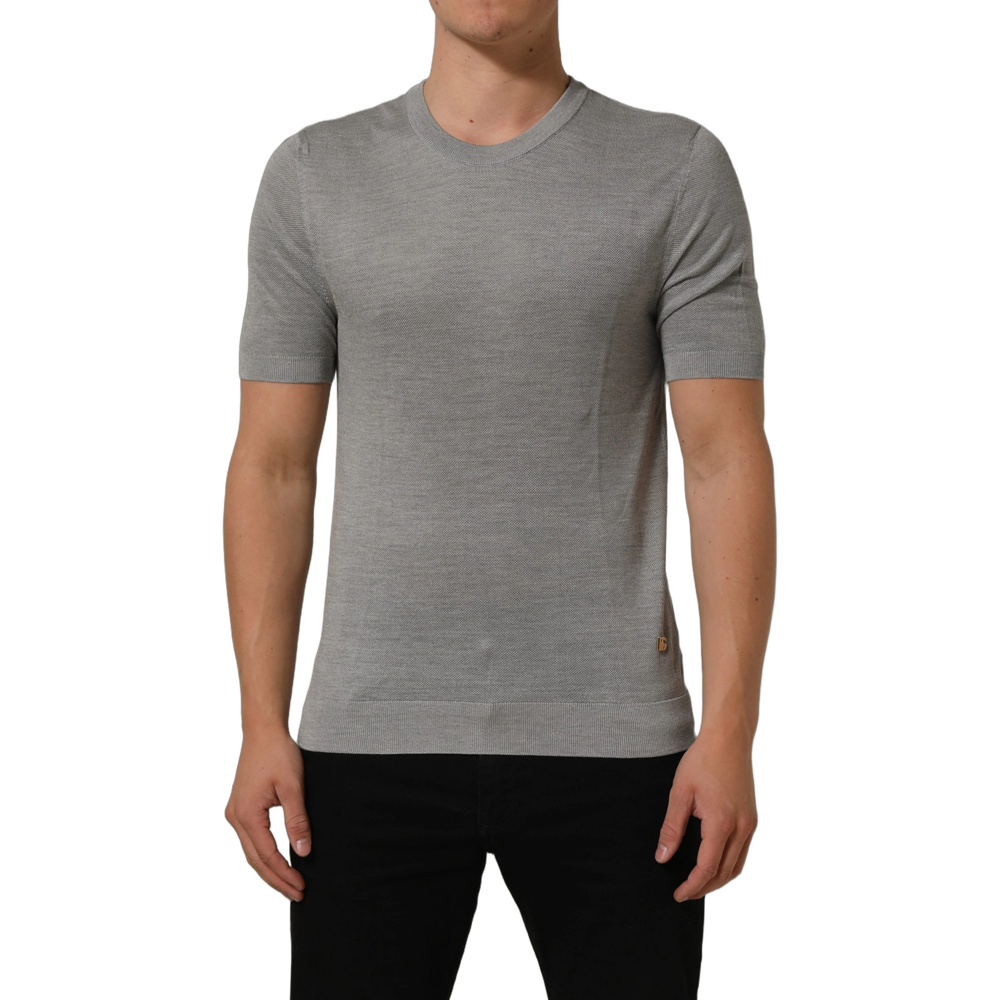 Gray Silk Crew Neck Short Sleeves T-shirt