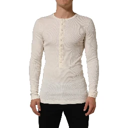 Off White Cotton Henley Long Sleeves T-shirt