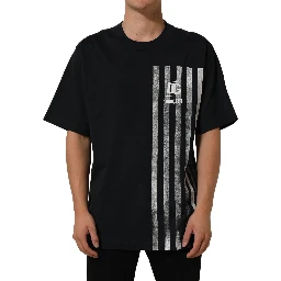 Blue Striped Print Cotton Crew Neck  T-shirt