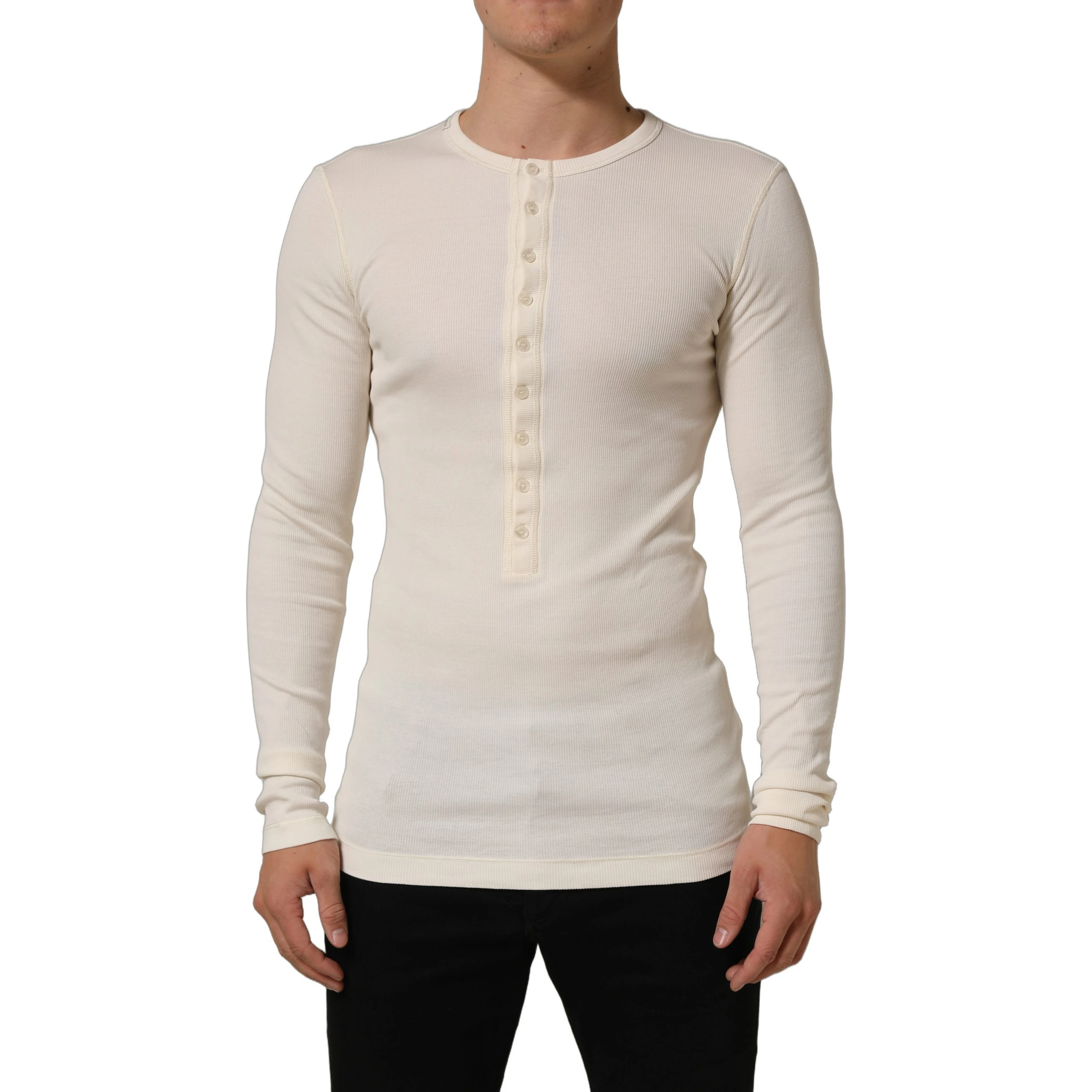 Off White Cotton Henley Long Sleeves T-shirt