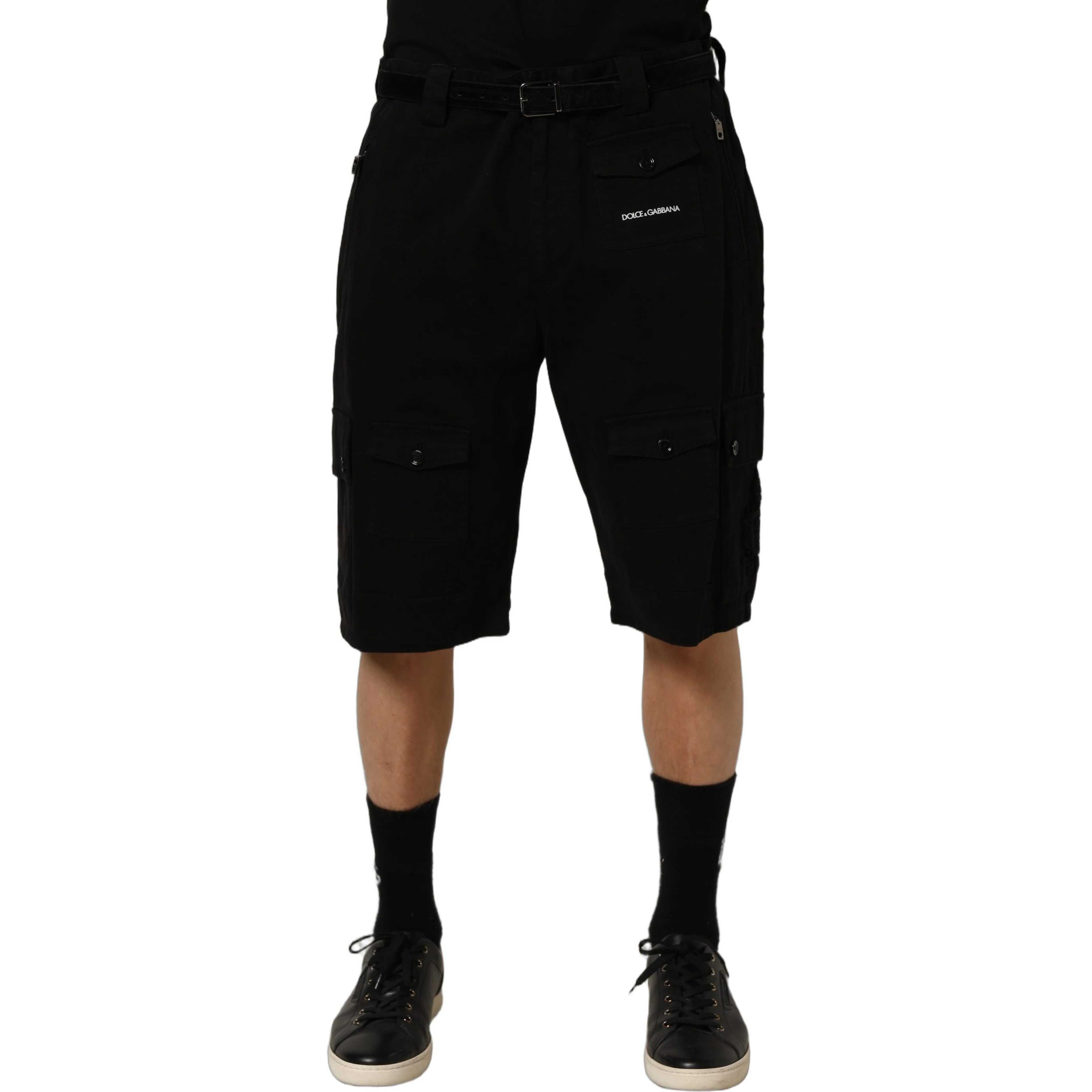 Black Cotton Mid Waist Men Cargo Shorts