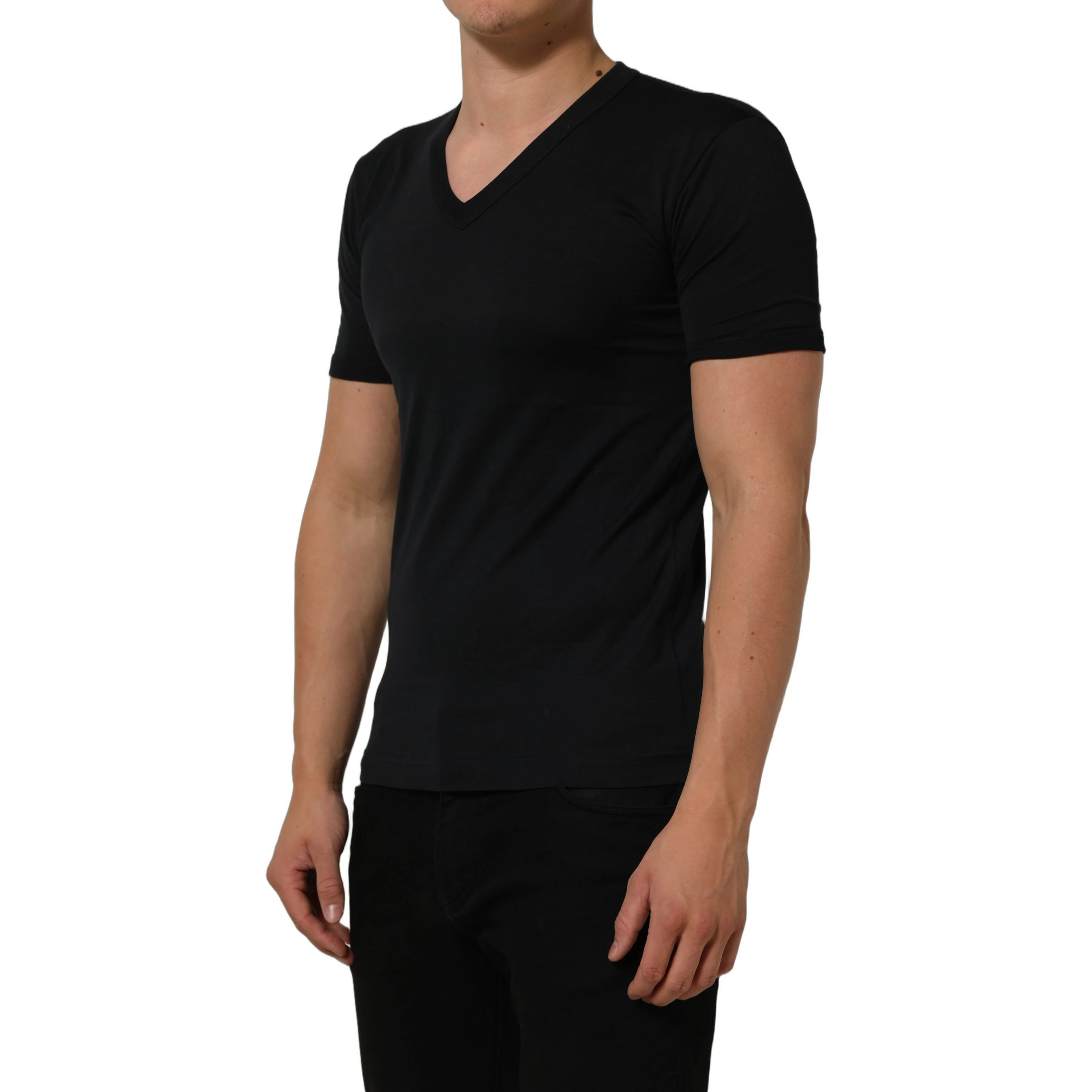 Dark Blue Cotton V-Neck Short Sleeve T-shirt