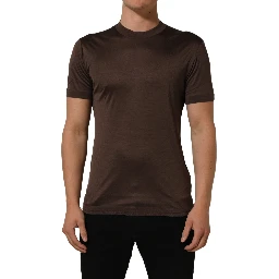 Brown Silk Crew Neck Short Sleeves T-shirt