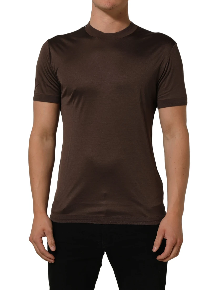 Brown Silk Crew Neck Short Sleeves T-shirt