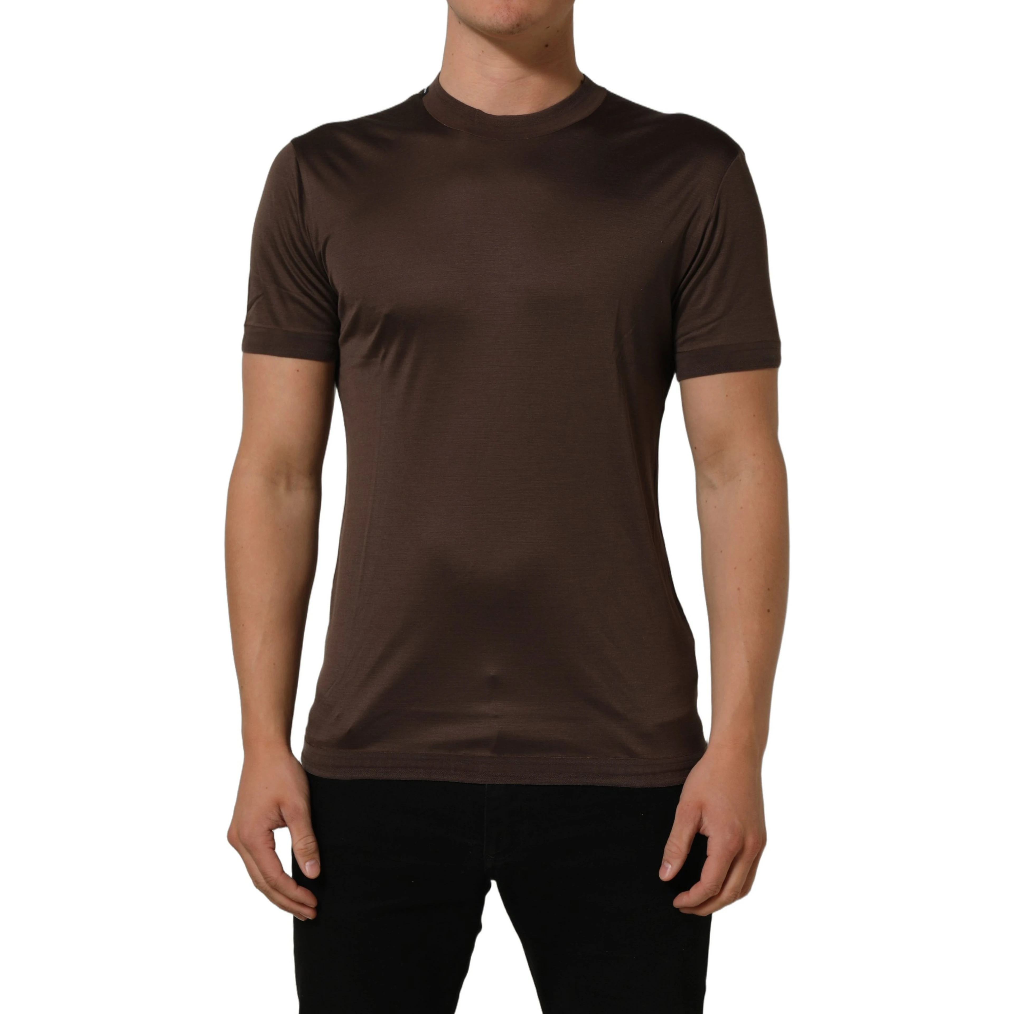 Brown Silk Crew Neck Short Sleeves T-shirt