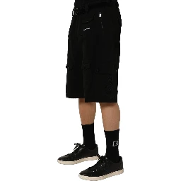 Black Cotton Mid Waist Men Cargo Shorts