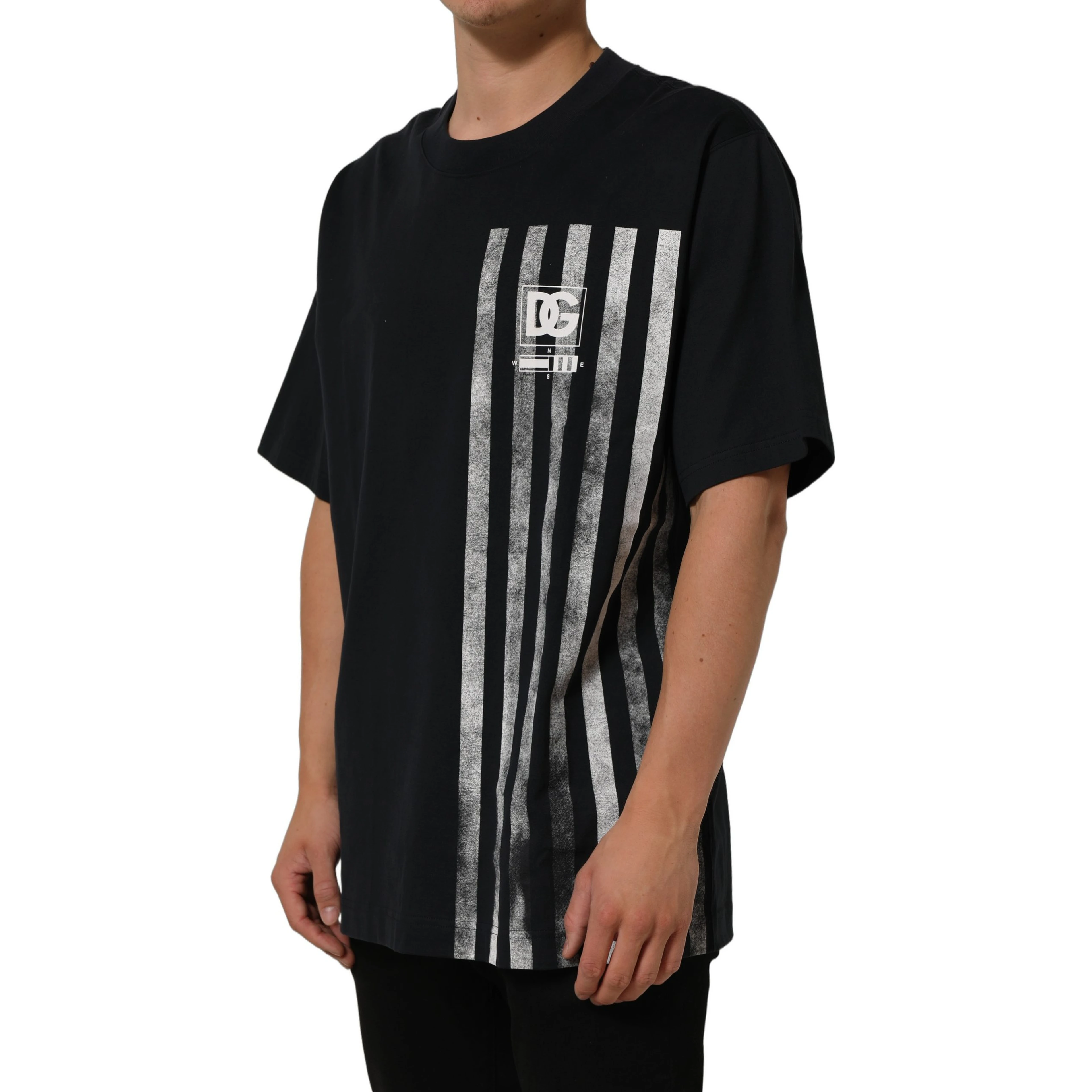 Blue Striped Print Cotton Crew Neck T-shirt