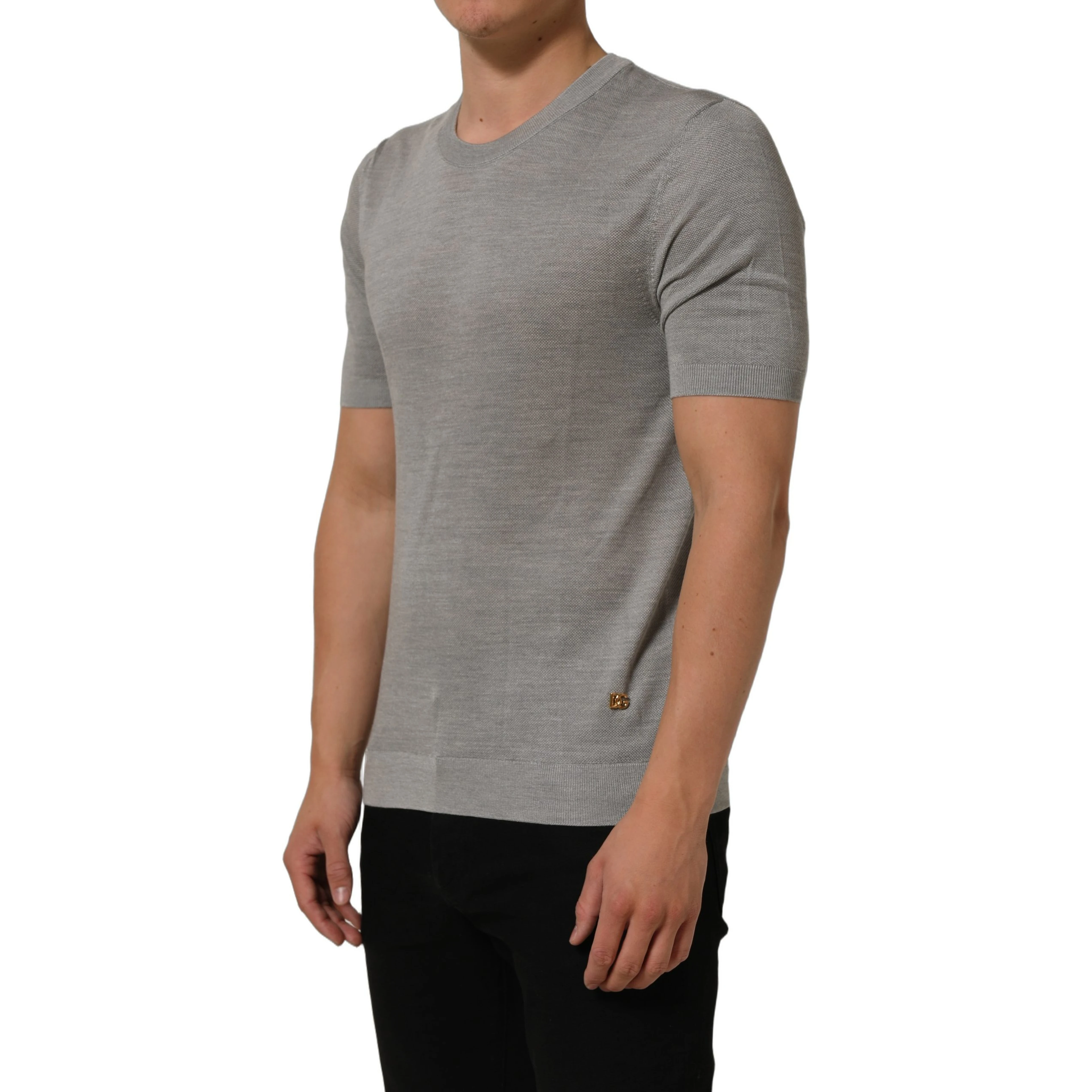 Gray Silk Crew Neck Short Sleeves T-shirt