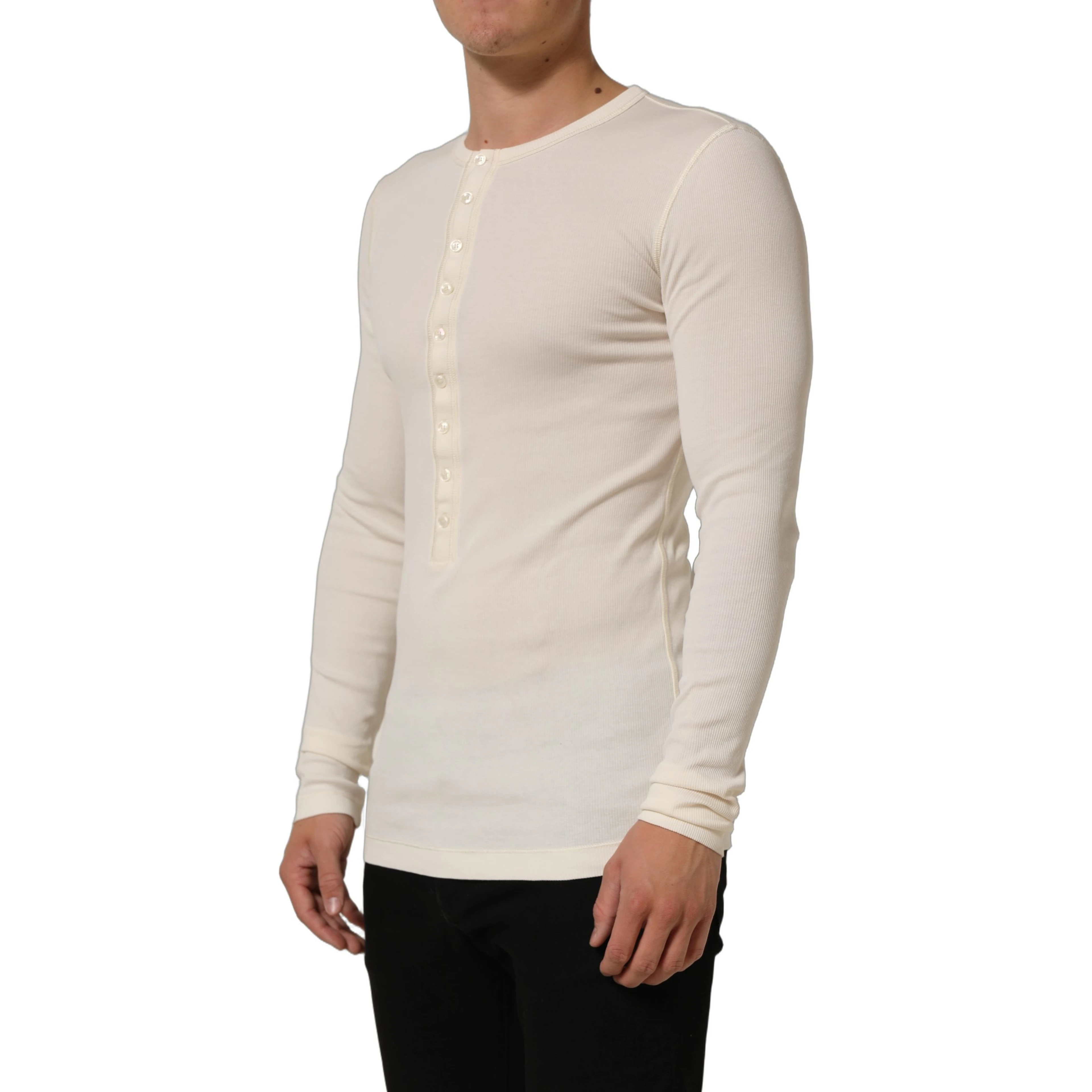 Off White Cotton Henley Long Sleeves T-shirt