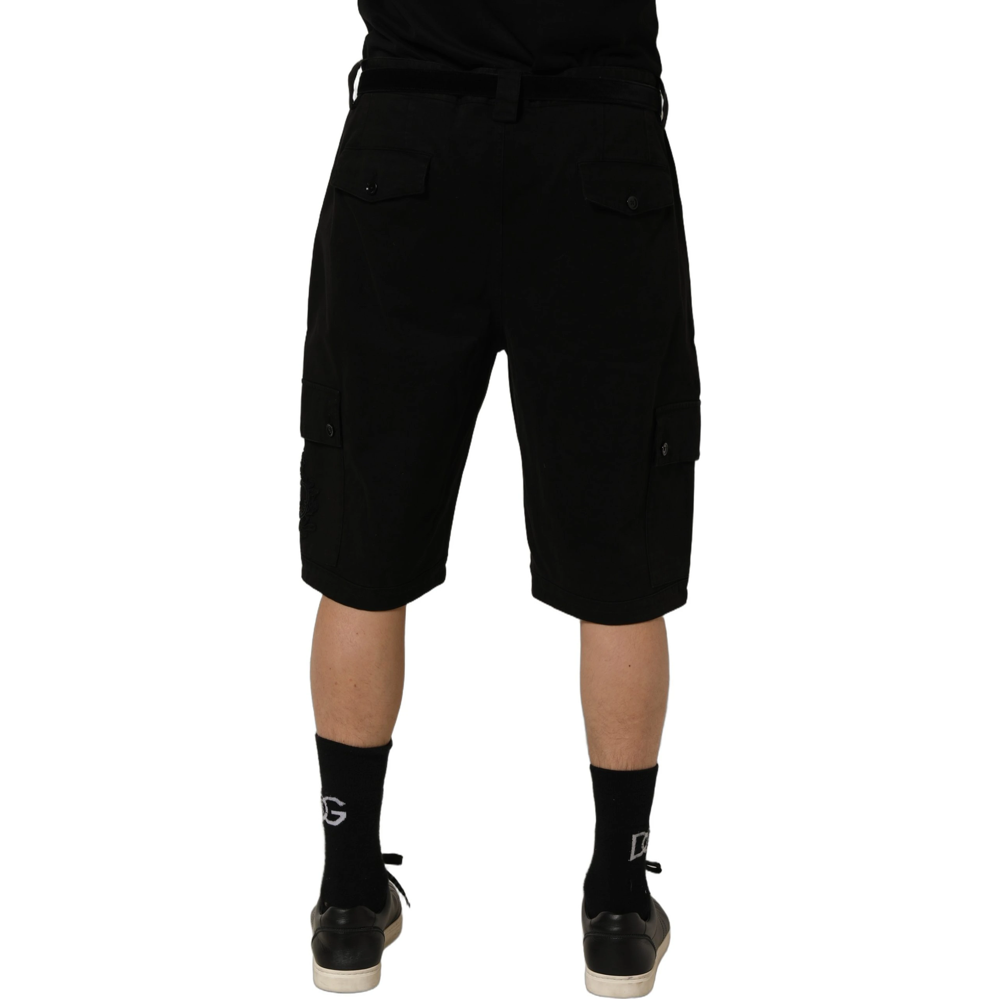 Black Cotton Mid Waist Men Cargo Shorts