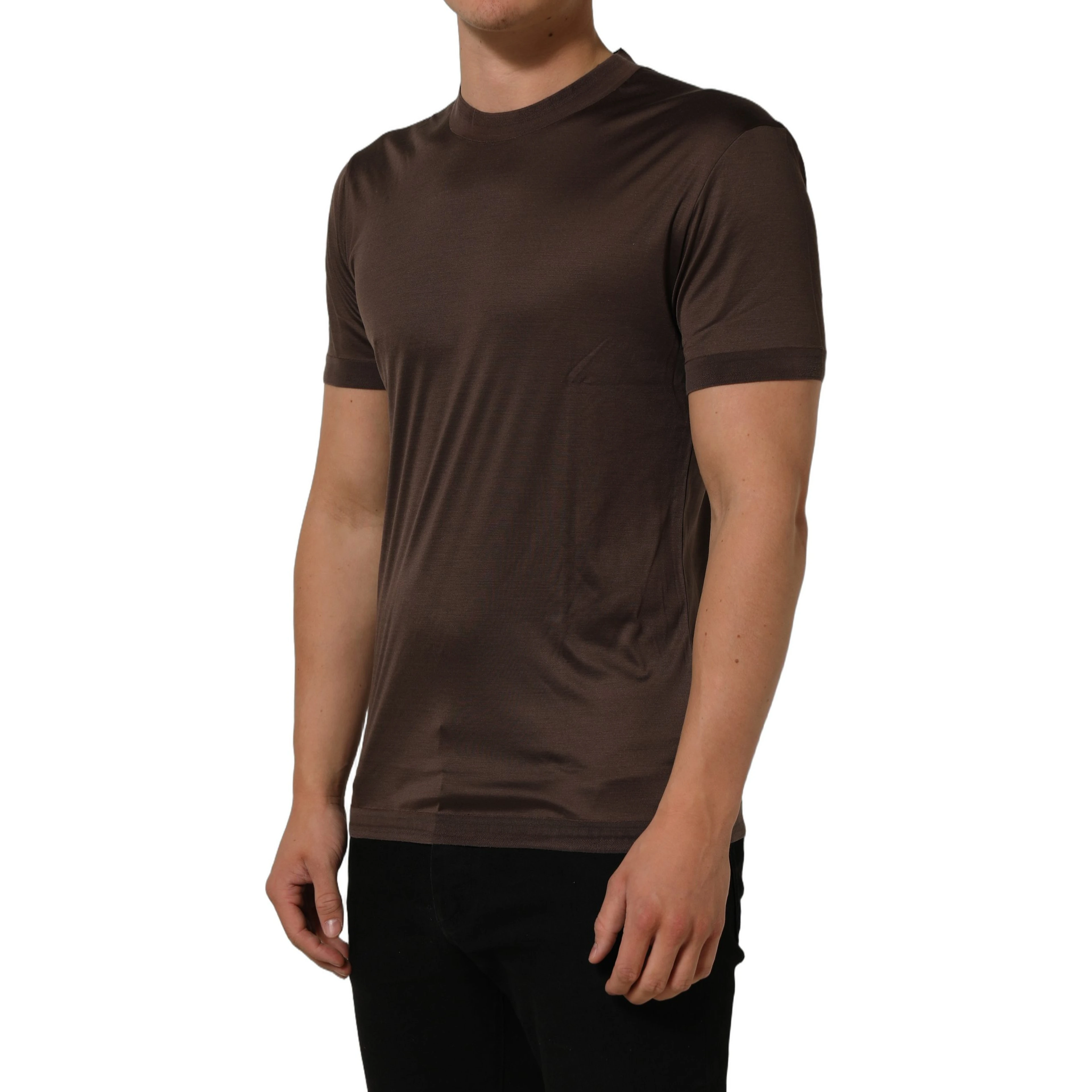 Brown Silk Crew Neck Short Sleeves T-shirt