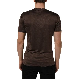 Brown Silk Crew Neck Short Sleeves T-shirt