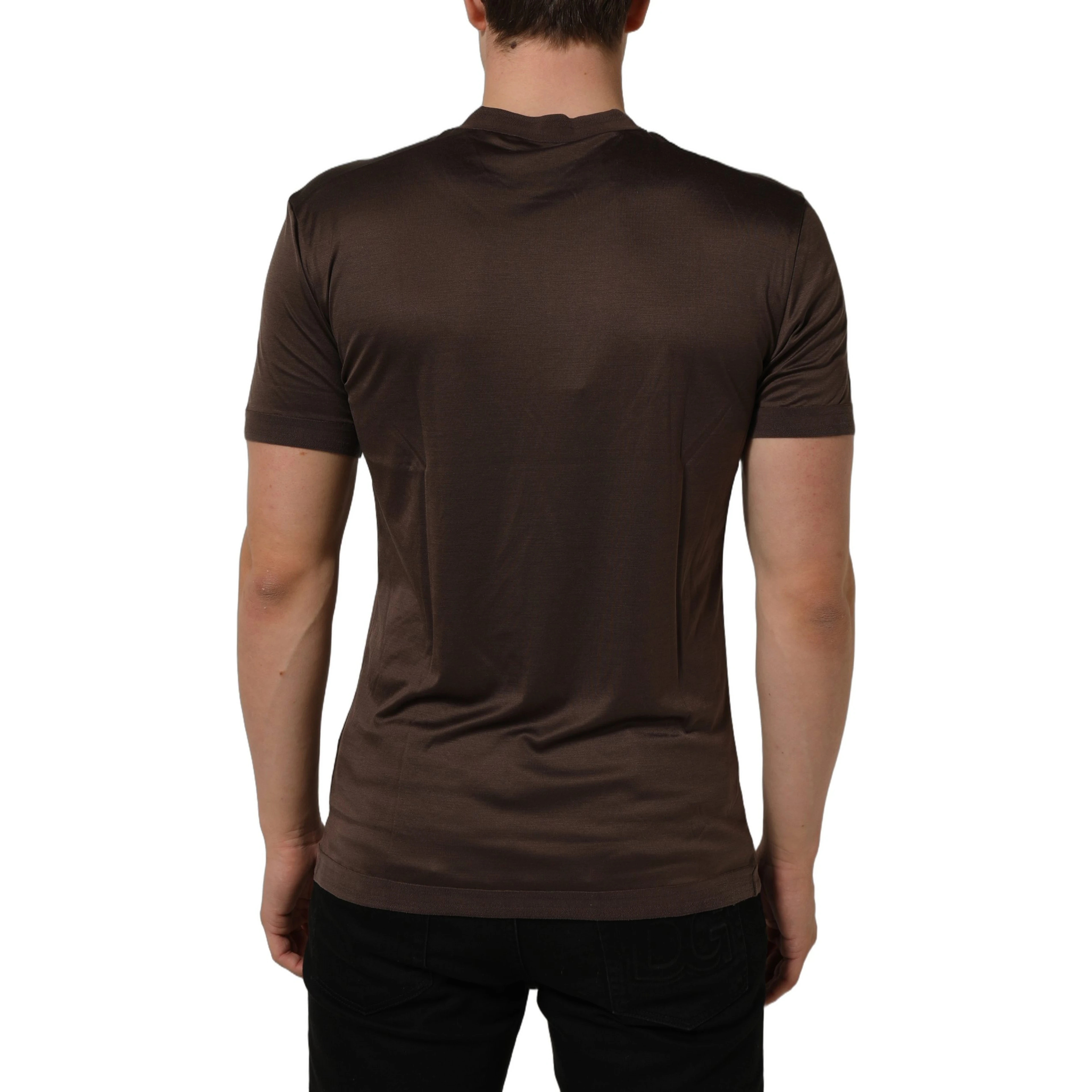 Brown Silk Crew Neck Short Sleeves T-shirt