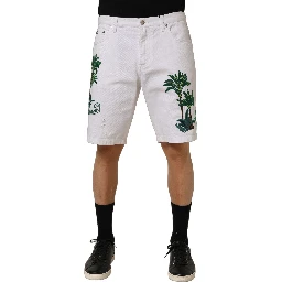 White Palm Embroidery Denim Bermuda Shorts