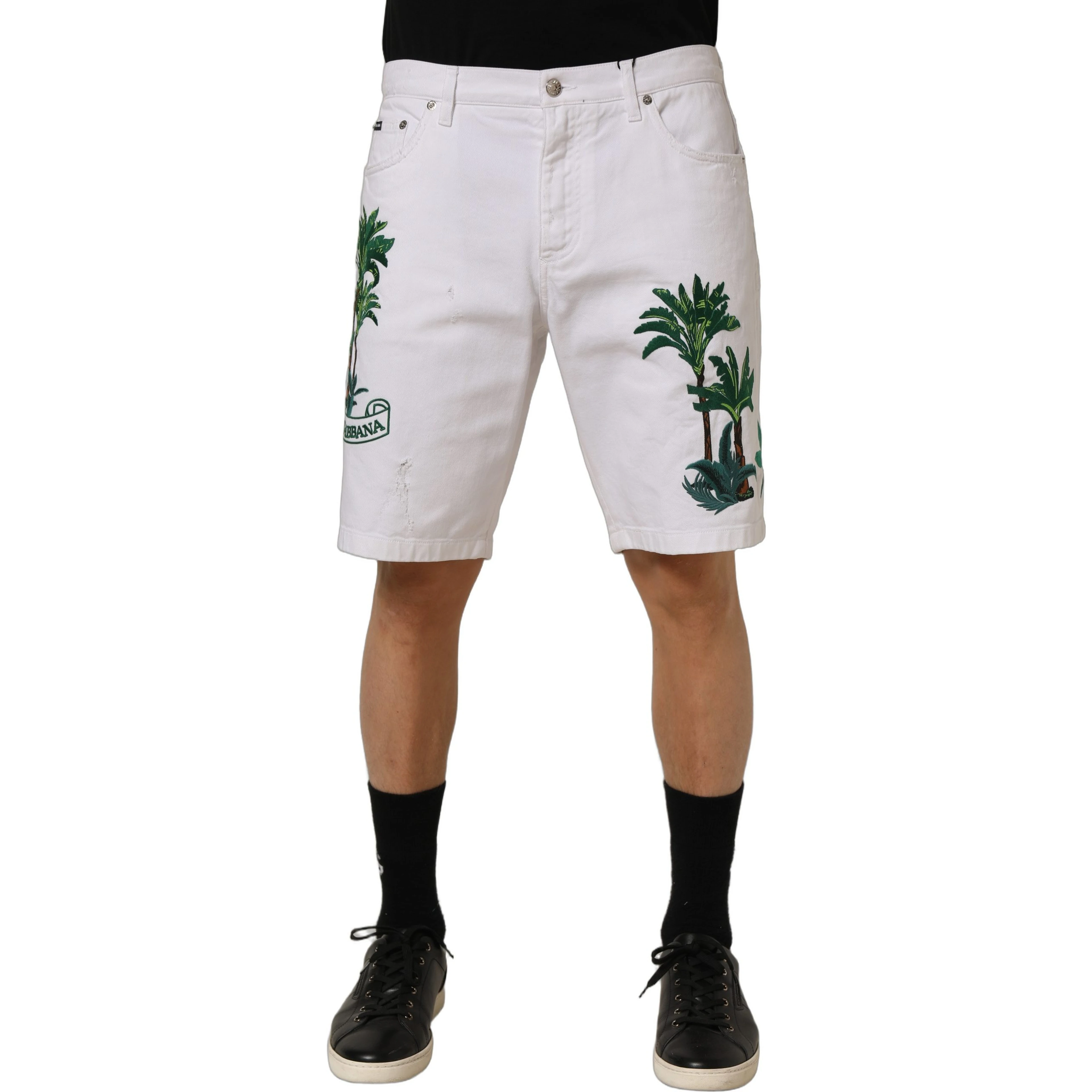 White Palm Embroidery Denim Bermuda Shorts