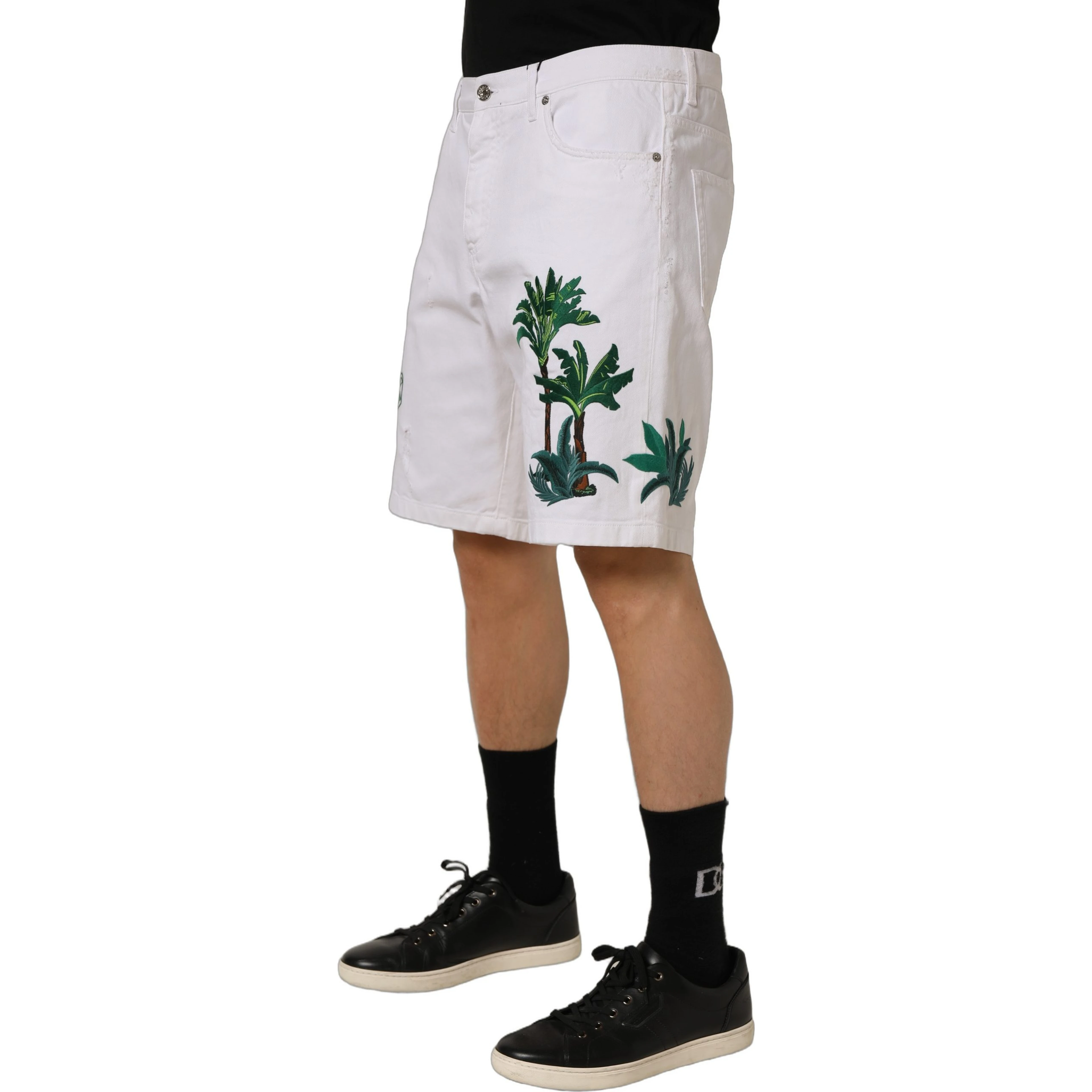 White Palm Embroidery Denim Bermuda Shorts