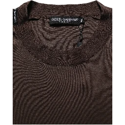 Brown Silk Crew Neck Short Sleeves T-shirt