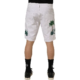 White Palm Embroidery Denim Bermuda Shorts