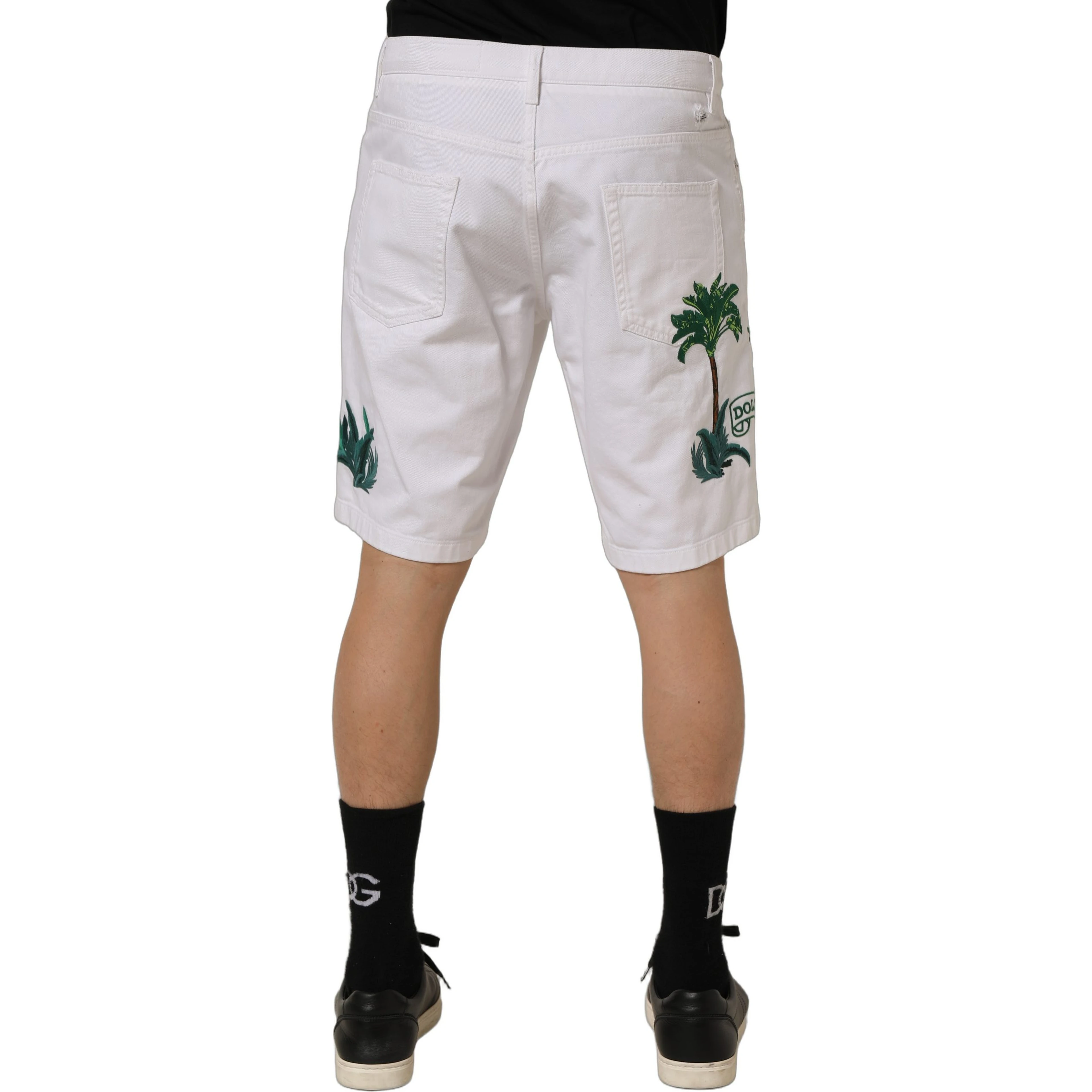White Palm Embroidery Denim Bermuda Shorts