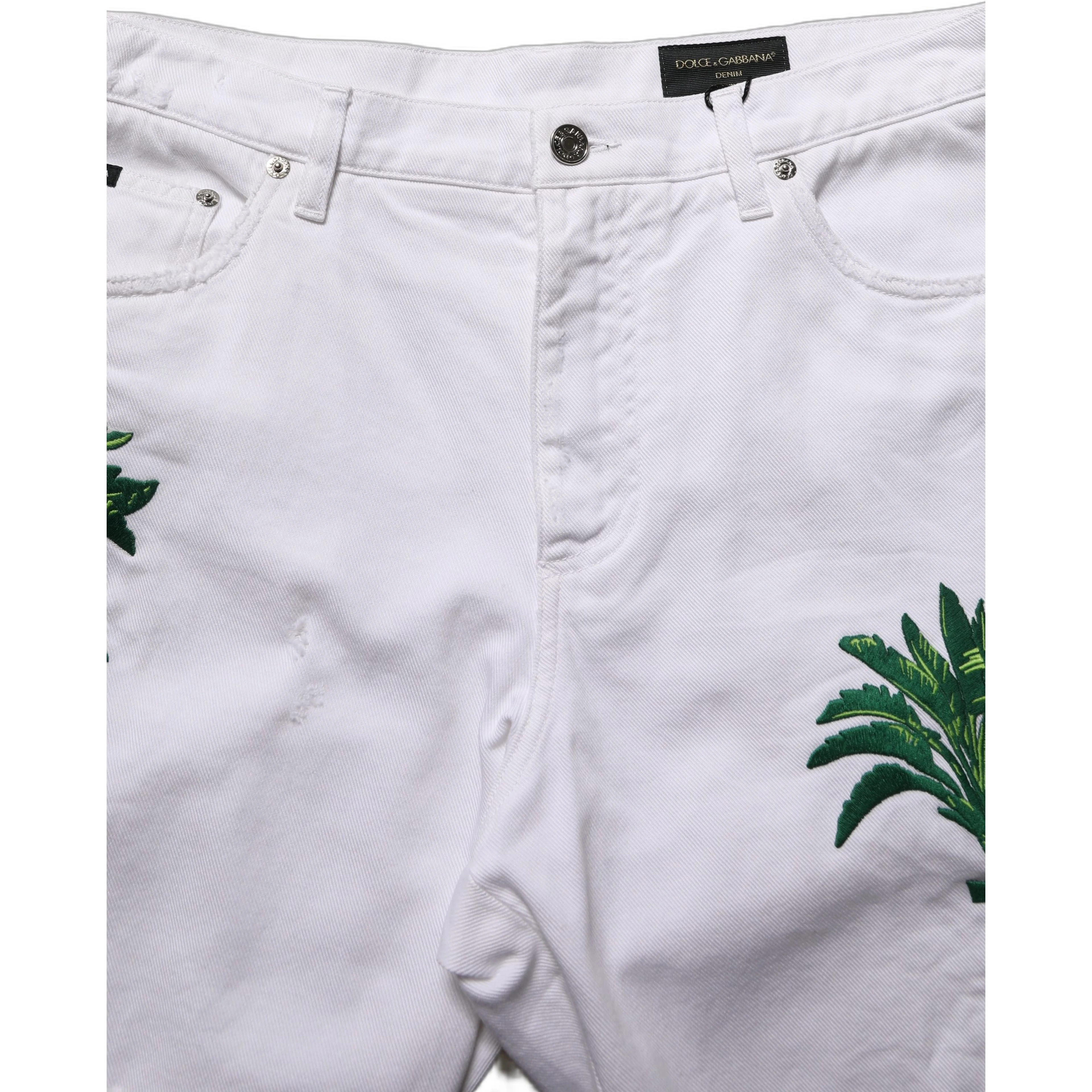 White Palm Embroidery Denim Bermuda Shorts