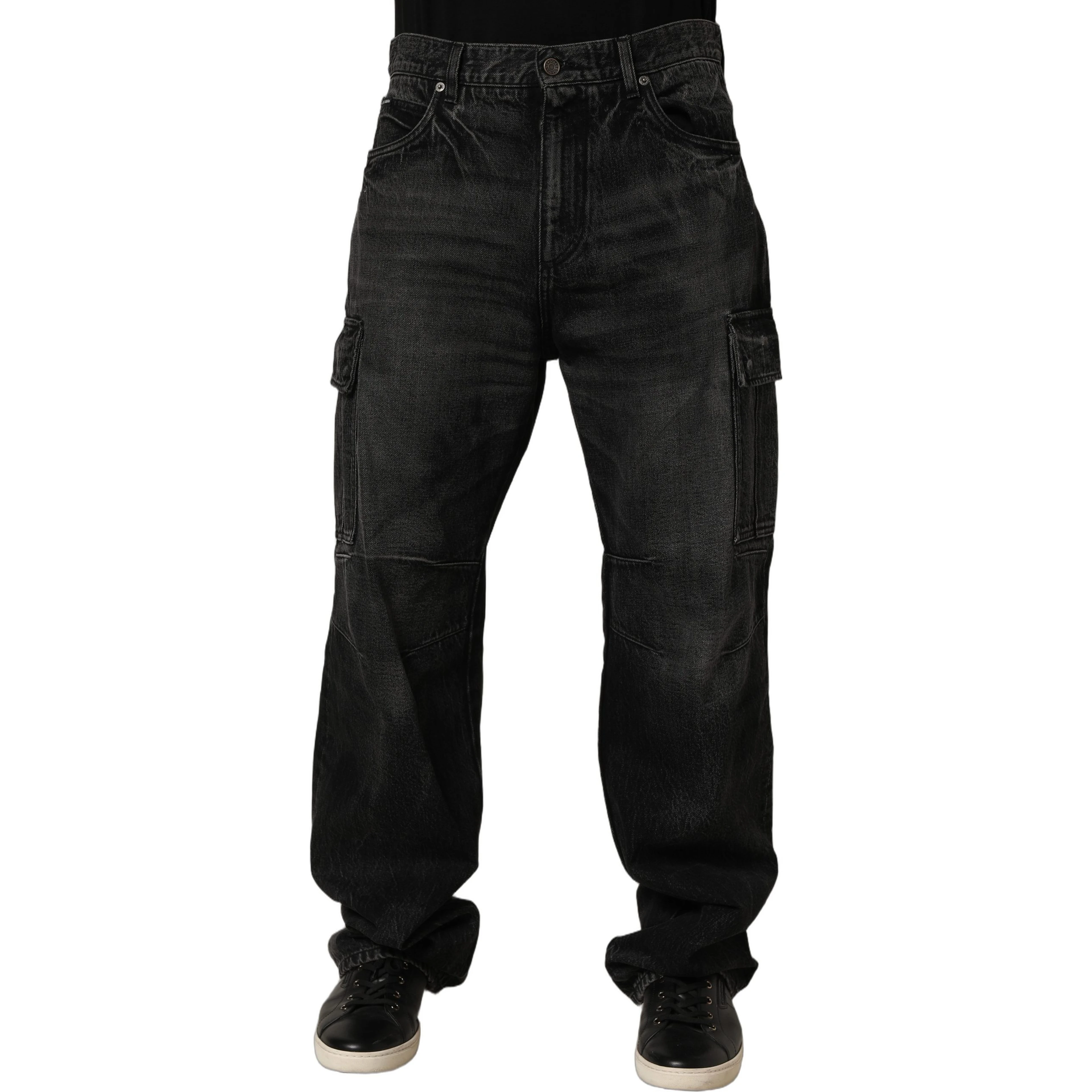 Dark Gray Cotton Baggy Cargo Men Denim Jeans