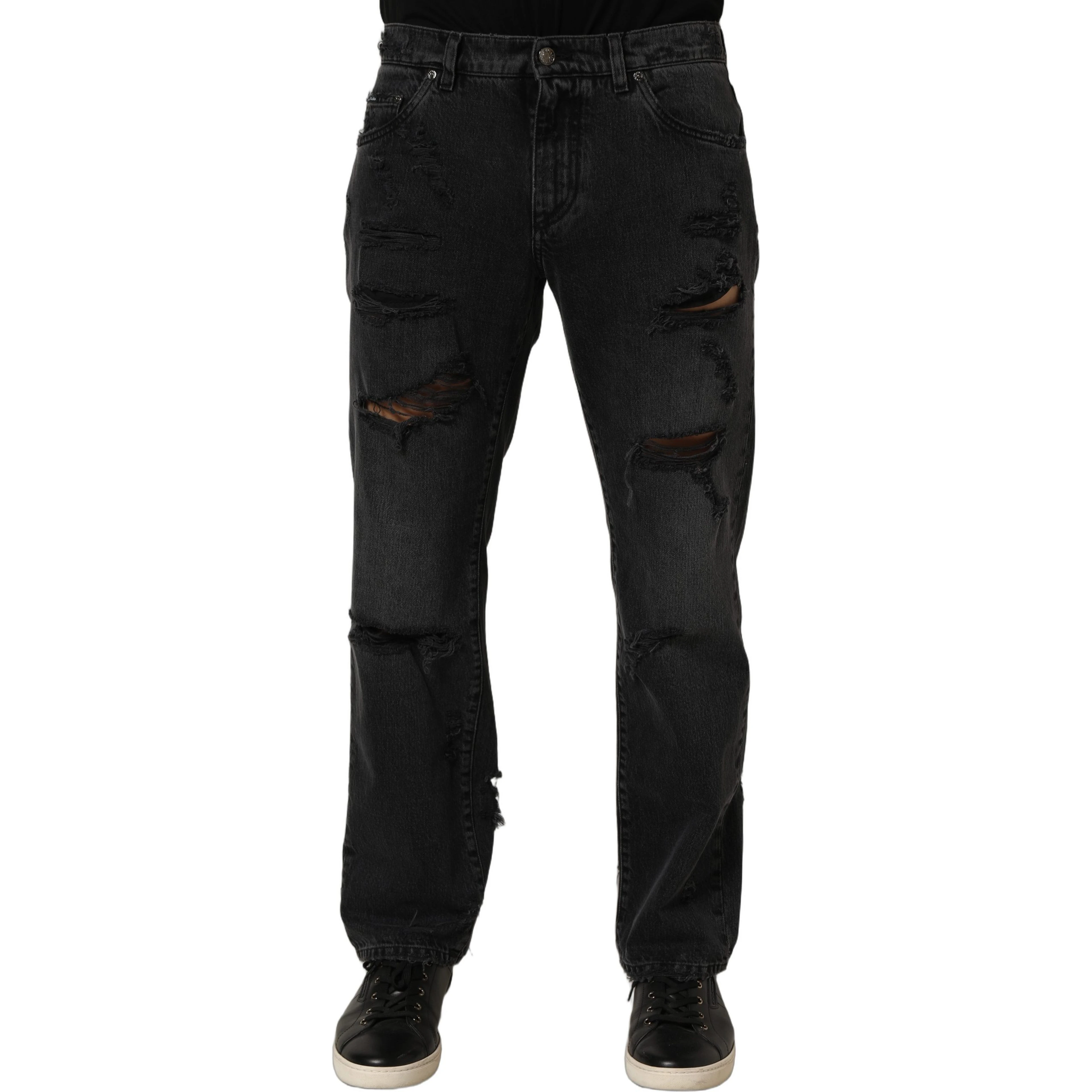 Dark Gray Cotton Ripped Men Denim Jeans