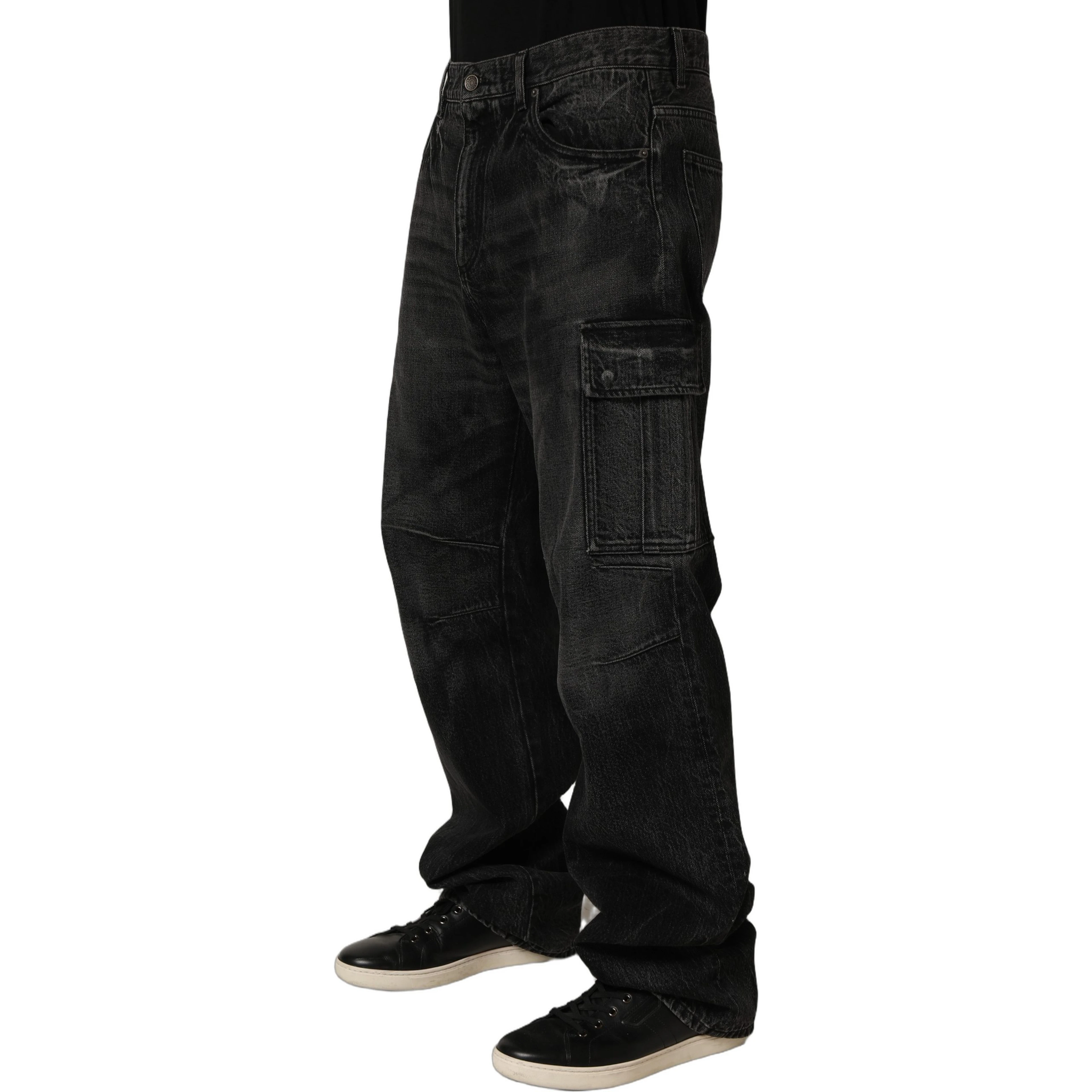 Dark Gray Cotton Baggy Cargo Men Denim Jeans