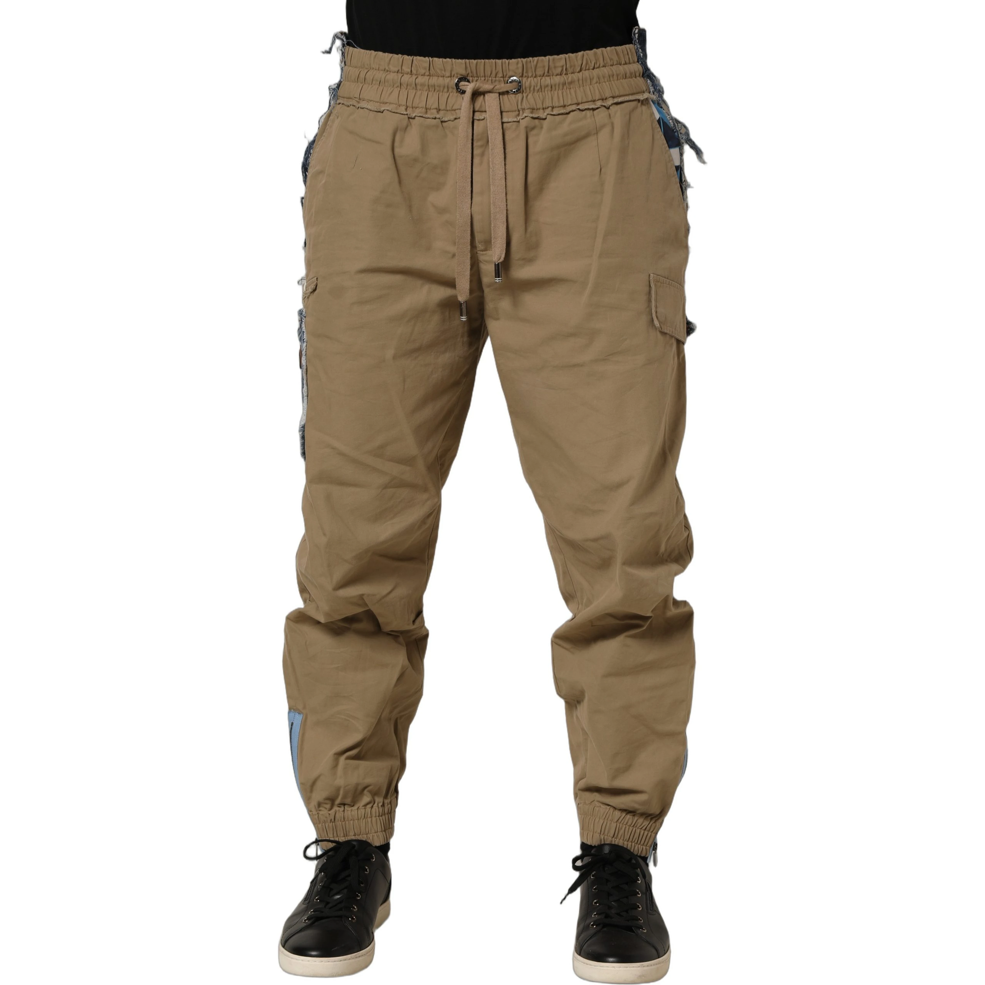 Beige Cotton Cargo Drawstring Trouser Pants