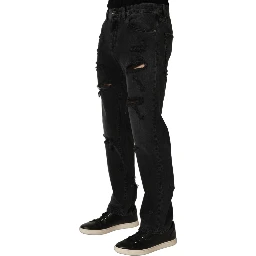 Dark Gray Cotton Ripped Men Denim Jeans